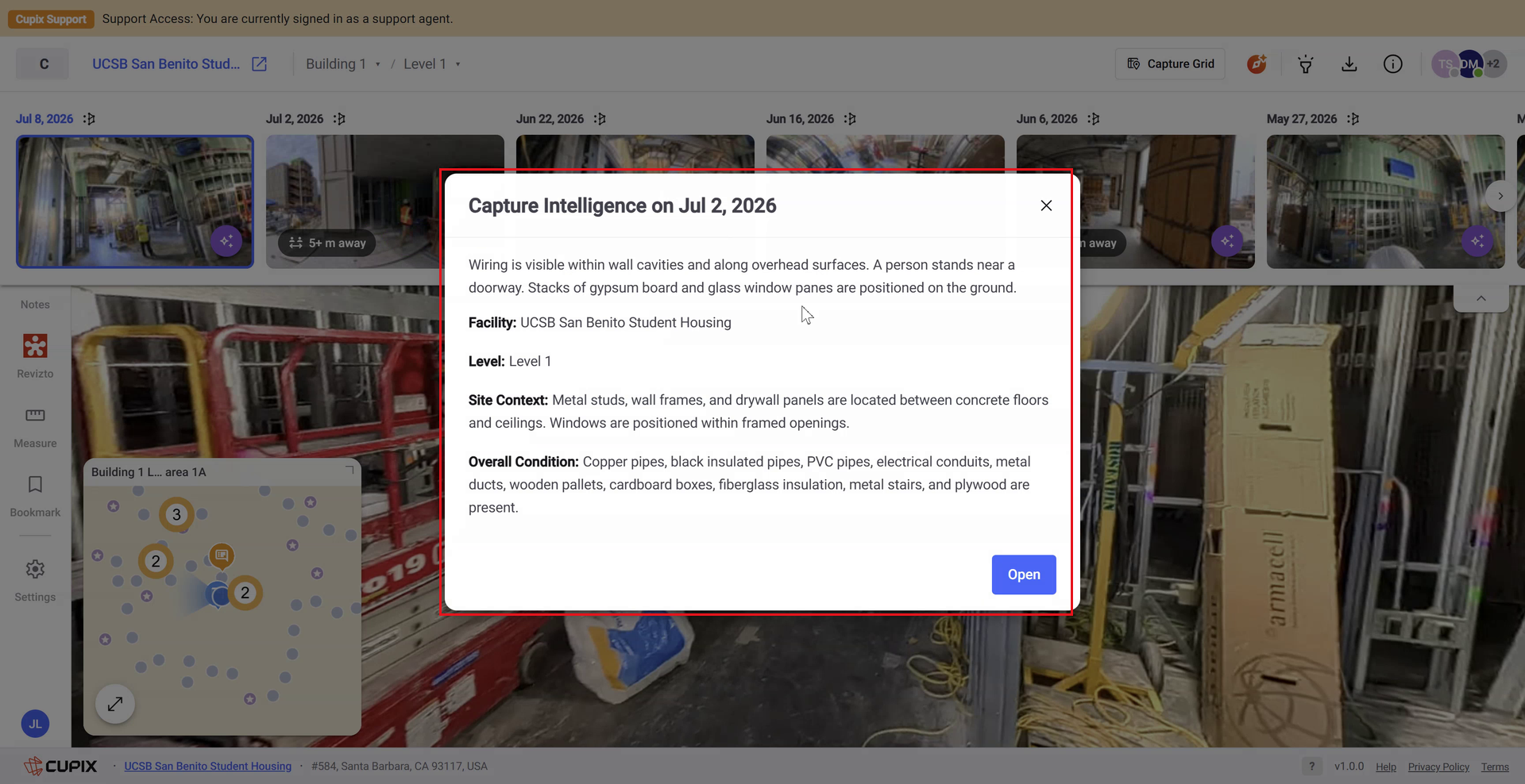 The Capture Intelligence overview dialog with a dated title, summary, context fields, and an Open button