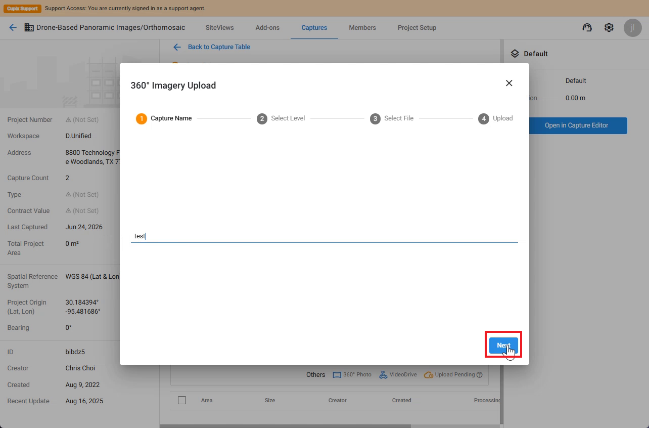 360° Imagery Upload dialog, Capture Name step