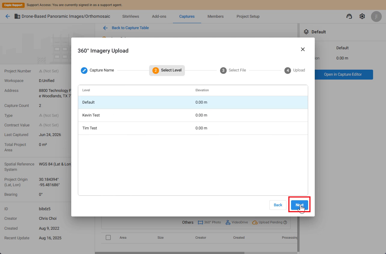 360° Imagery Upload dialog, Select Level step