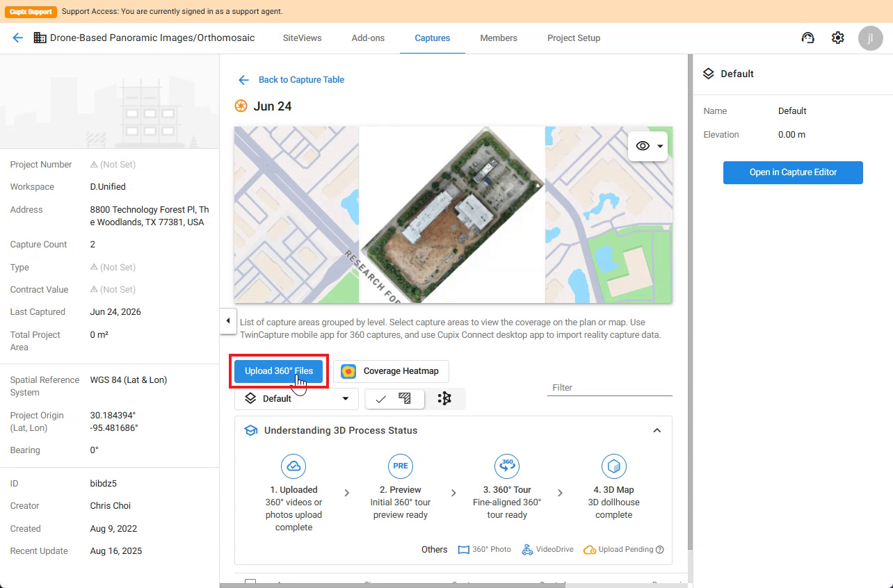 Capture detail view with the Upload 360° Files button