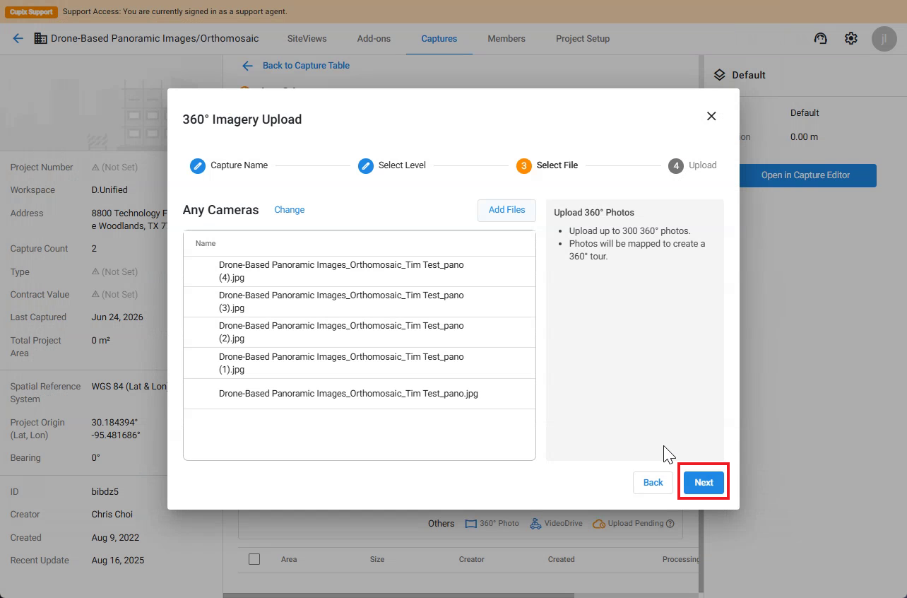 Add Files step with selected 360° image files