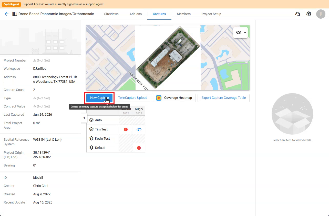 Capture tab in the Project Admin Center with the New Capture button