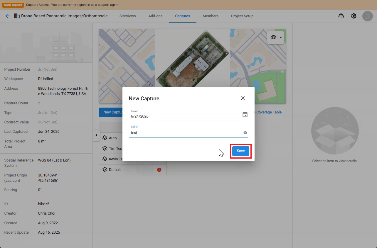 New Capture dialog with the capture date field and the Save button