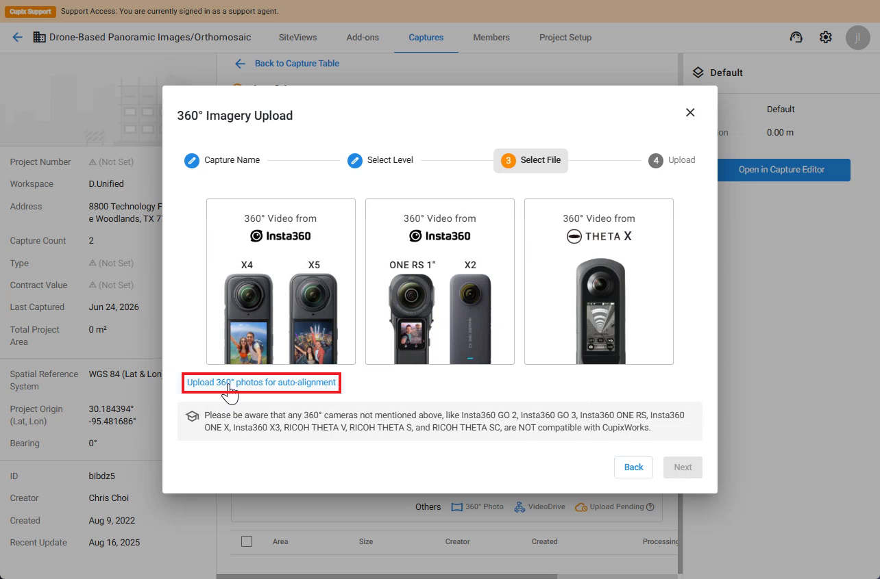 Select File step: click Upload 360° photos for auto-alignment, not a camera model