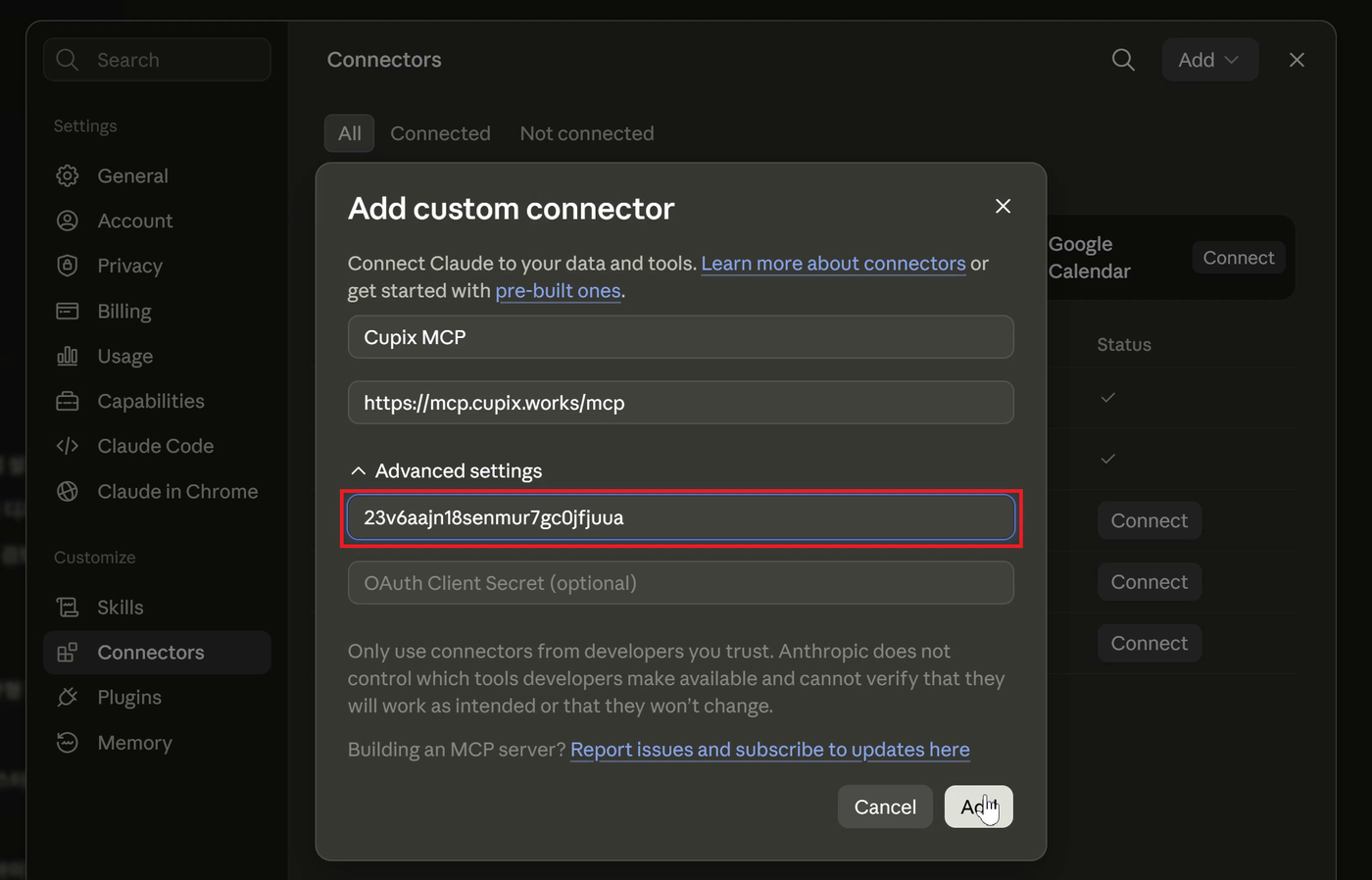 Advanced settings expanded with the OAuth Client ID field outlined in red and OAuth Client Secret left empty
