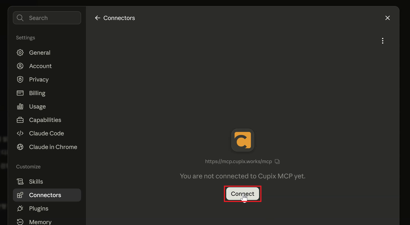 Connector page showing the not connected state with the Connect button outlined in red