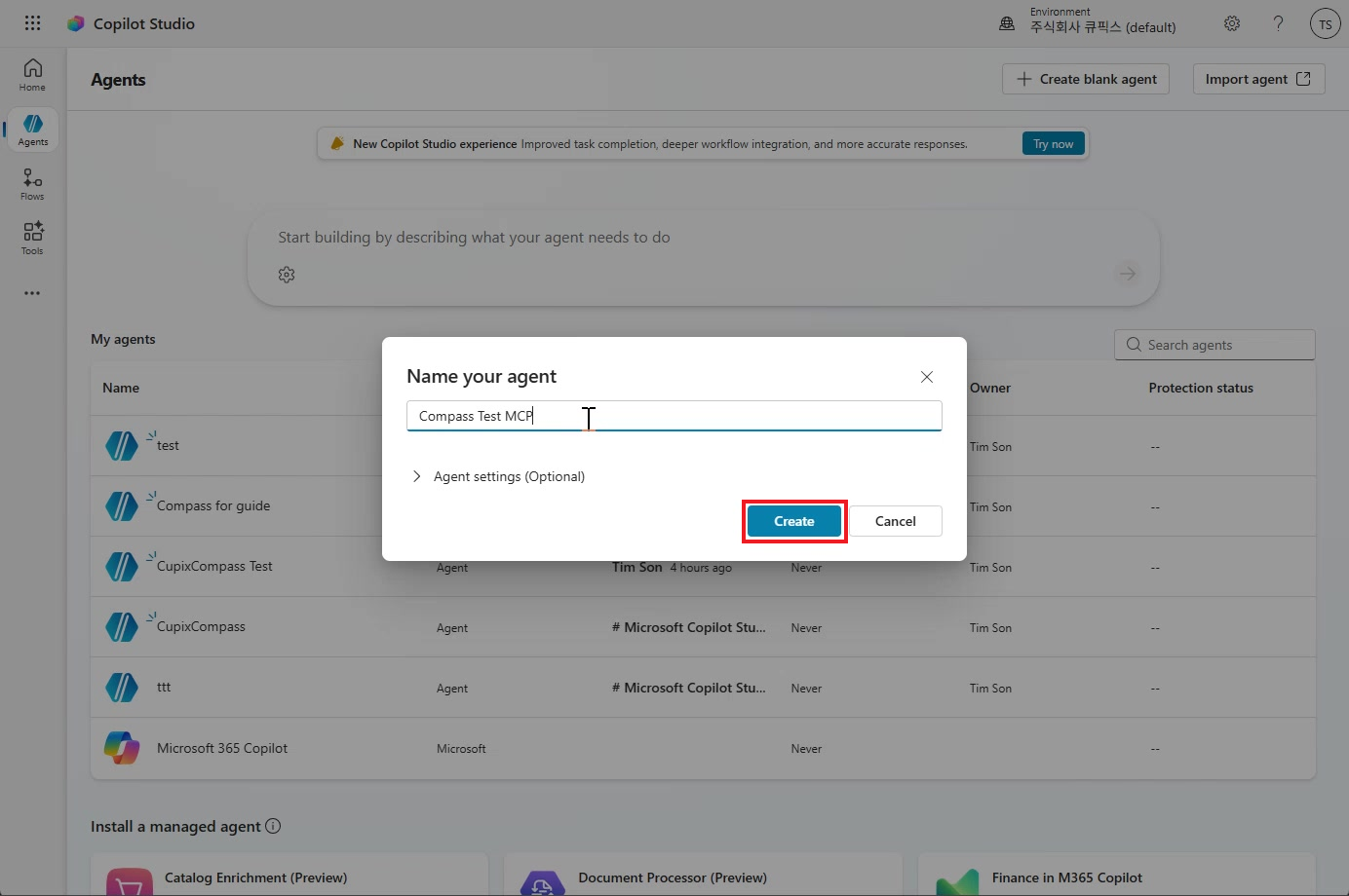 Name your agent dialog with the agent name entered and the Create button outlined in red