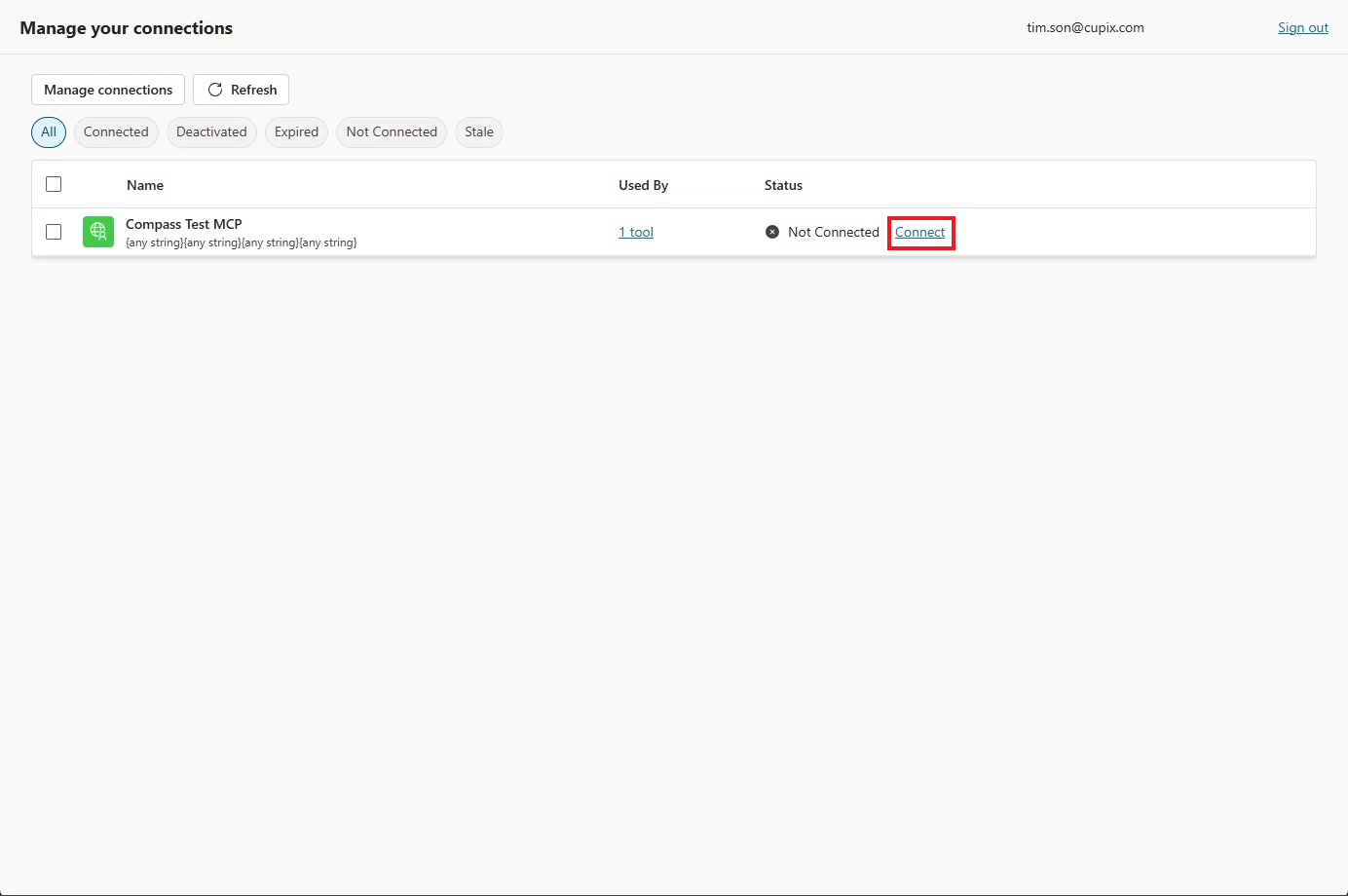 Manage your connections page with the Connect link outlined in red