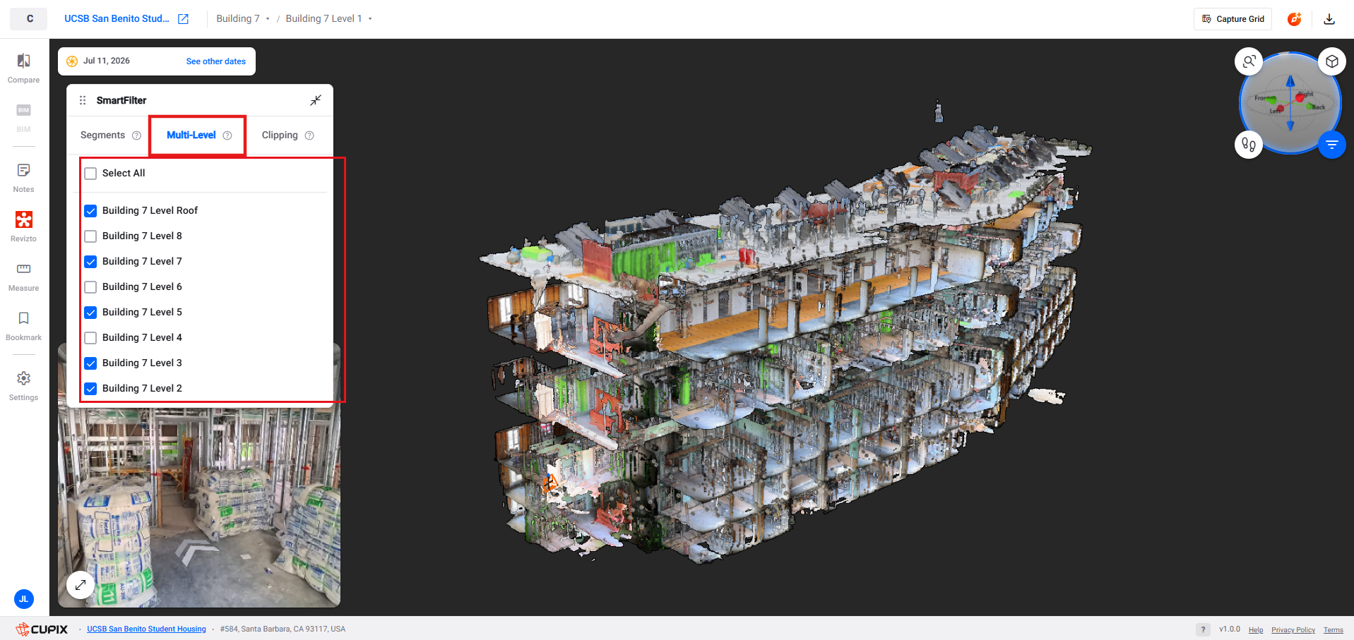The Multi-Level tab with eight levels listed, four selected, and the resulting cutaway in the viewport