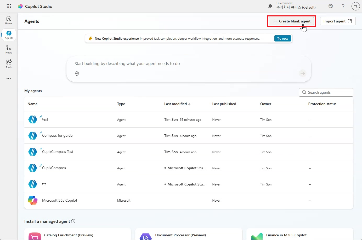 Copilot Studio Agents page with the Create blank agent button outlined in red