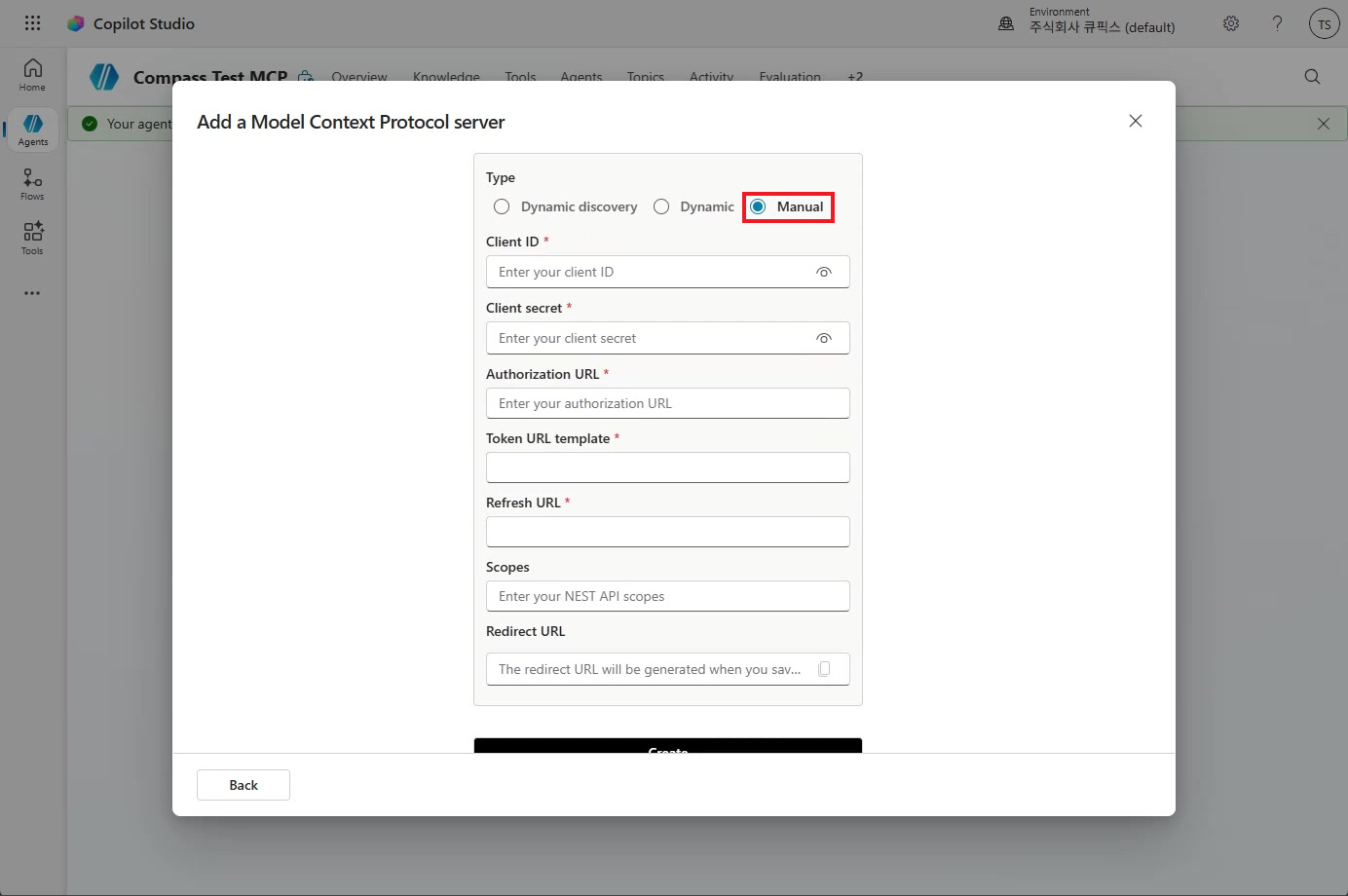 Type options in the server form with the Manual radio button outlined in red