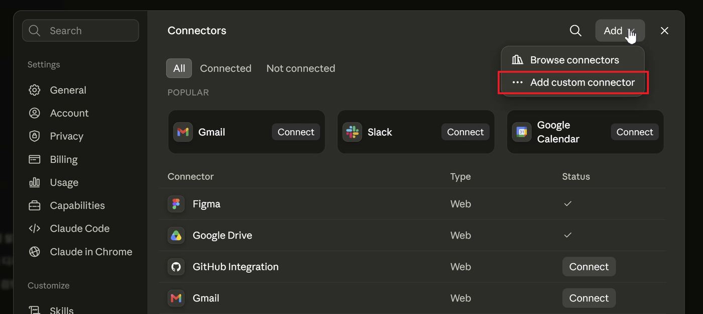 Claude Connectors settings with the Add menu open and Add custom connector outlined in red