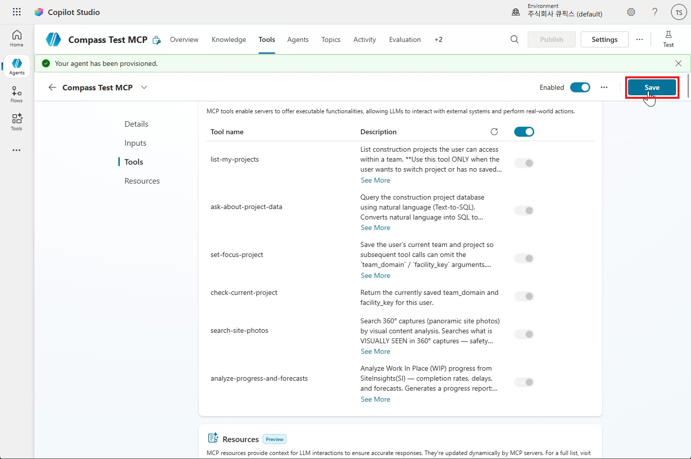 Tool configuration page with the Save button outlined in red