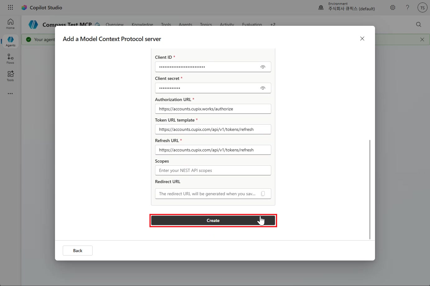 Bottom of the Model Context Protocol server form with the Create button outlined in red