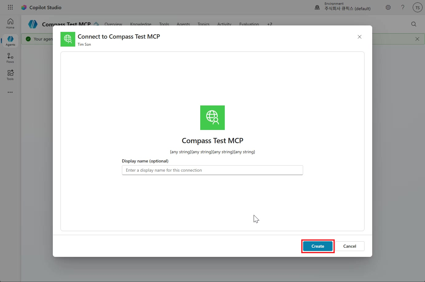Connect to the Compass server panel with the Create button outlined in red