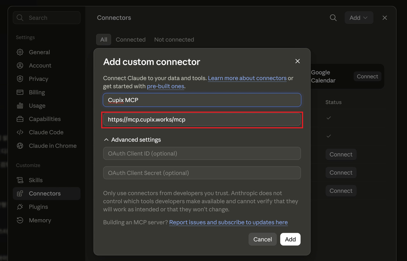 Add custom connector dialog with the connector name entered and the MCP server URL field outlined in red