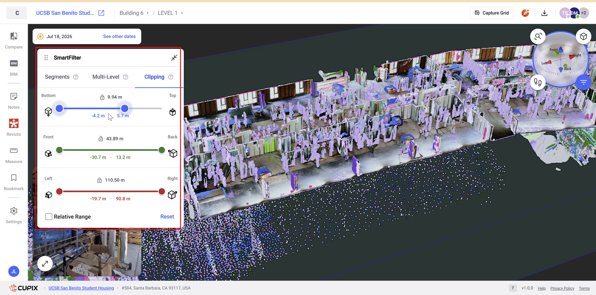 The Clipping tab with three axis sliders, Relative Range, and Reset