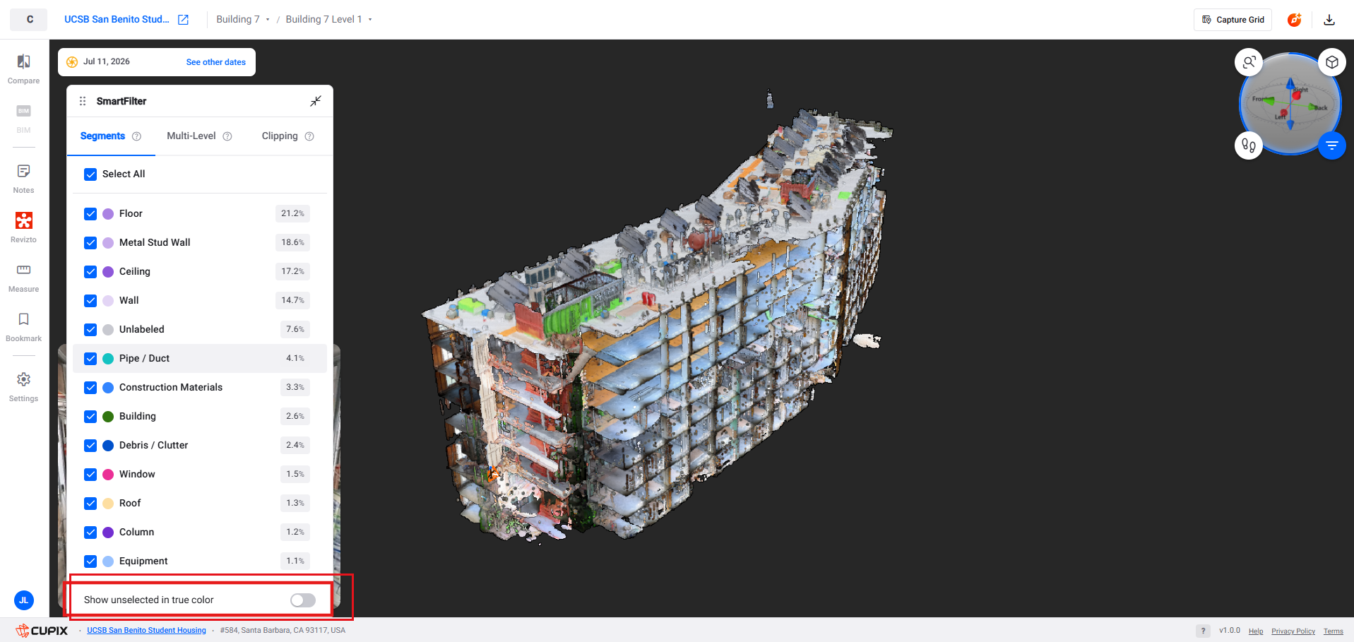 The Show unselected in true color toggle at the bottom of the Segments tab, switched off, with the model in its own photographic colour