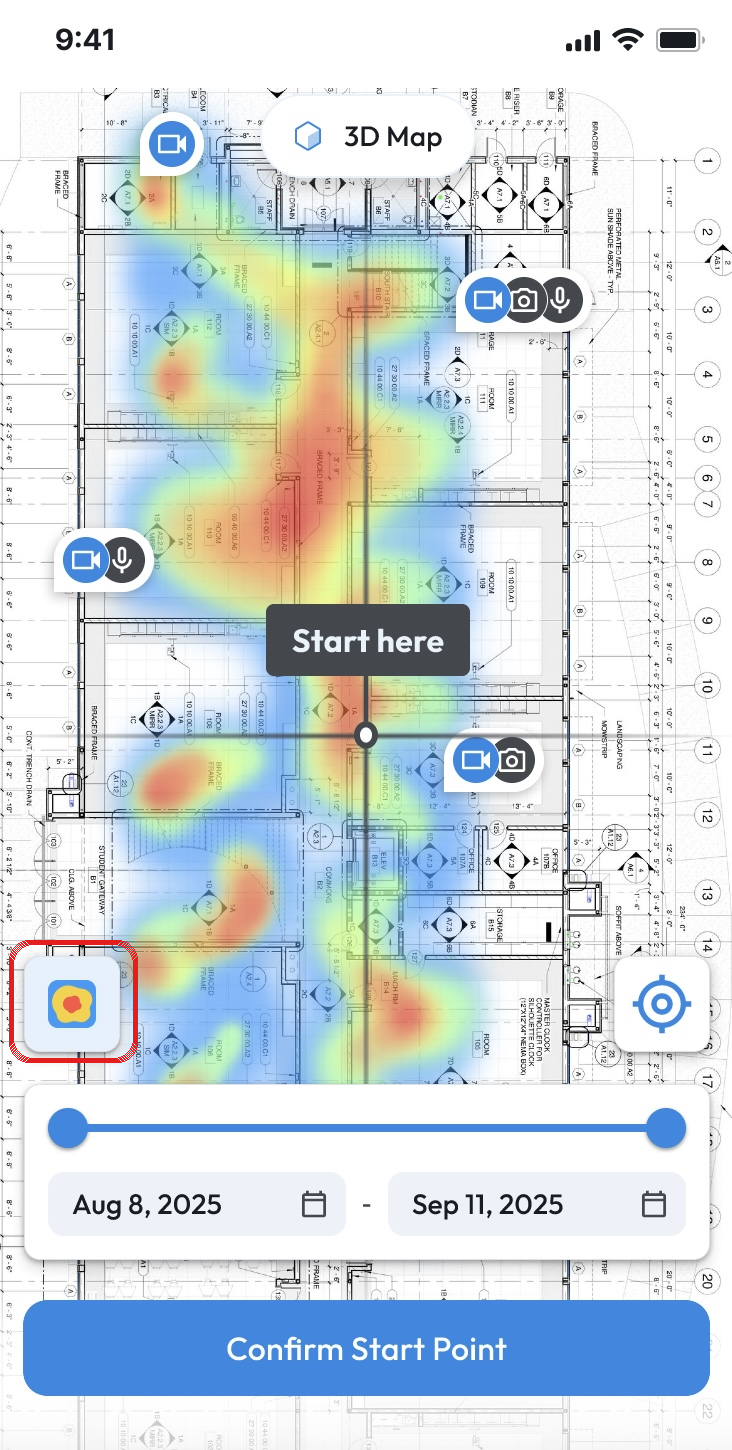 Capture start screen with the Coverage Heatmap, the heatmap icon highlighted at the bottom left