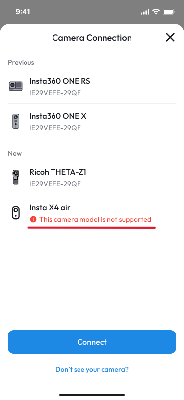Camera Connection screen with an unsupported camera model marked by a red not-supported notice