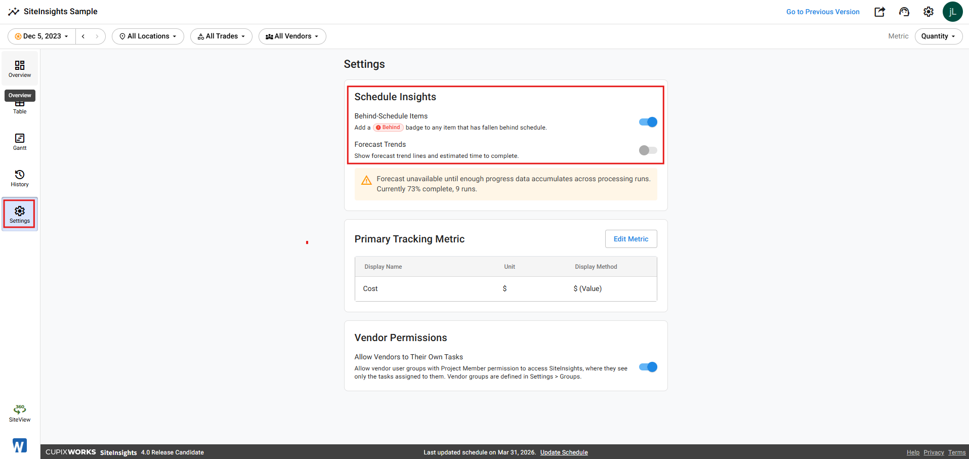 Settings tab with the Settings item selected in the left sidebar and the Schedule Insights card outlined, above the Primary Tracking Metric and Vendor Permissions cards