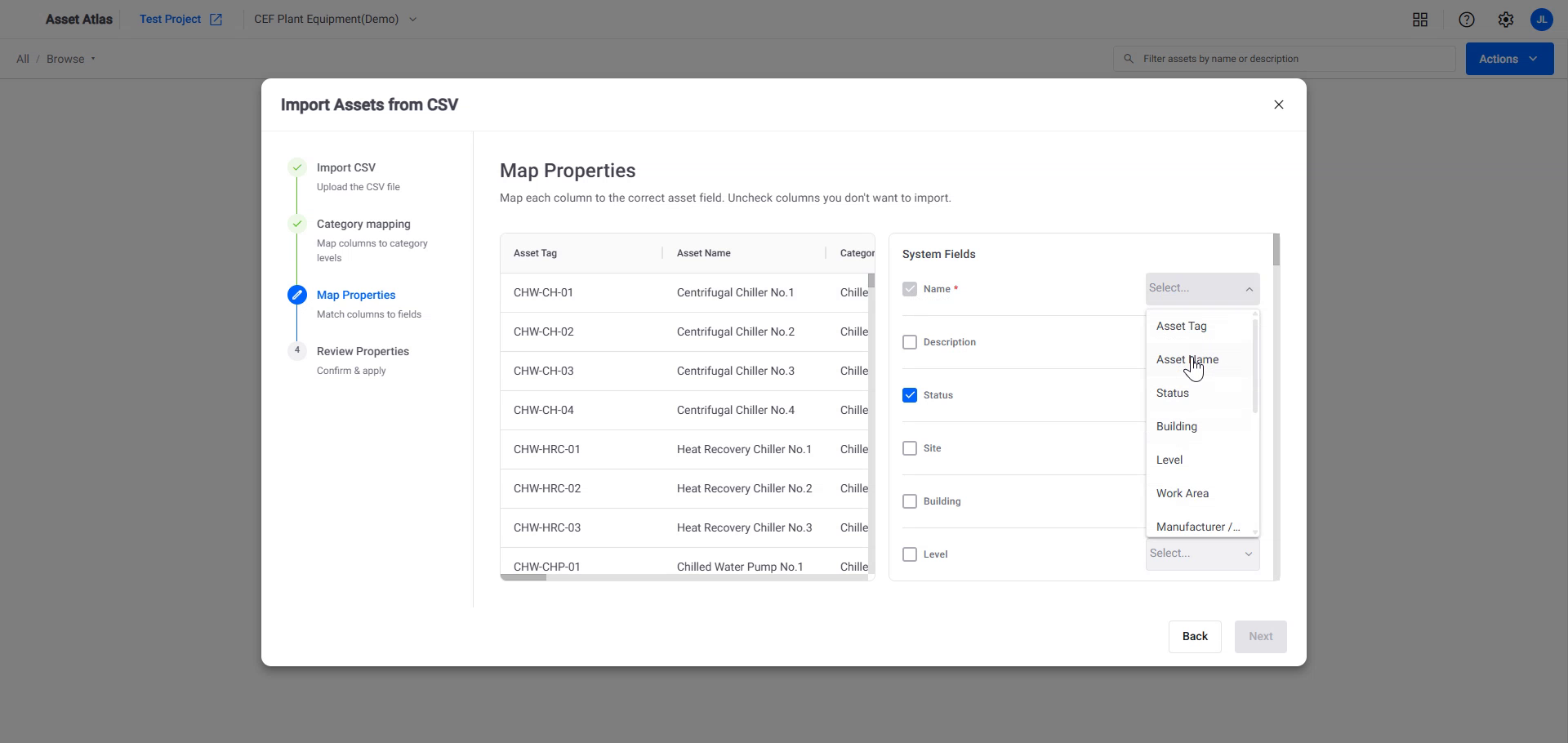 CSV import step three, Map Properties, matching CSV columns to the system fields Name, Status, Building, Level and Work Area