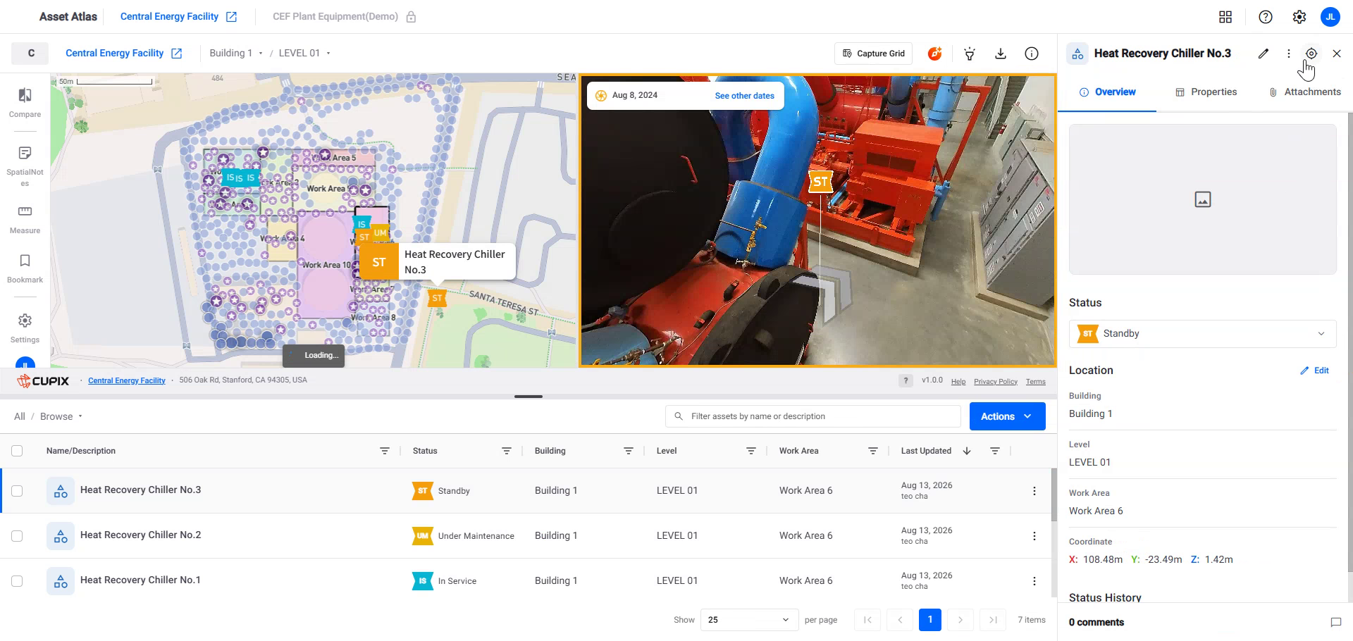 Asset detail panel Overview tab showing status, the location group, the coordinate, status history and the comments count
