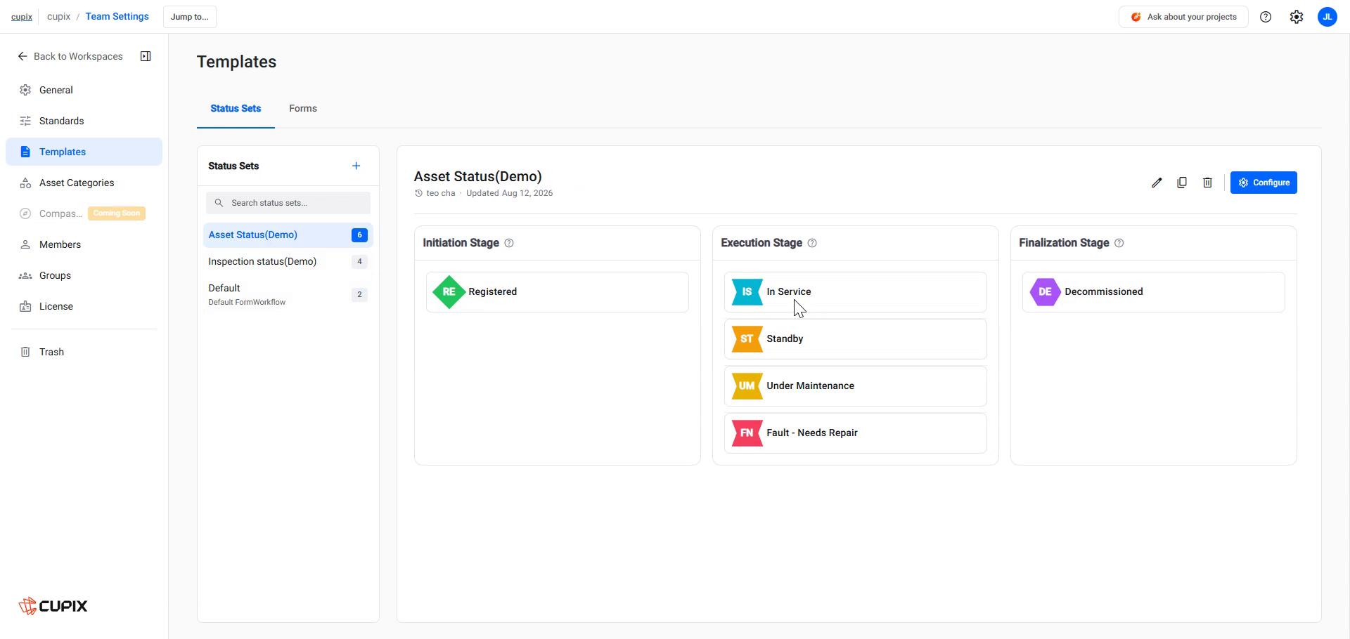 Status Set editor showing statuses grouped under Initiation Stage, Execution Stage and Finalization Stage