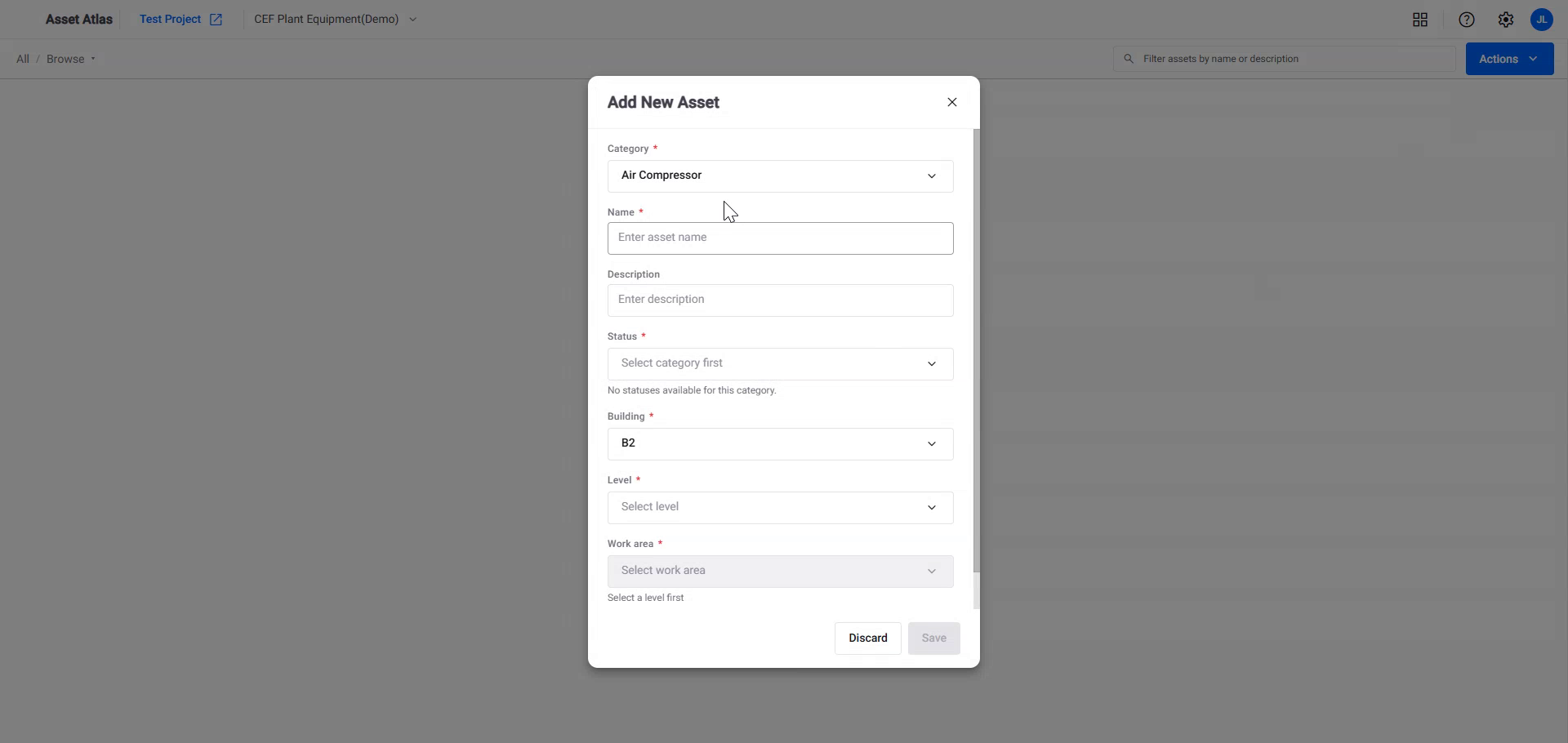 Add New Asset dialog with Category, Name, Status, Building, Level and Work area fields, each required field marked with an asterisk