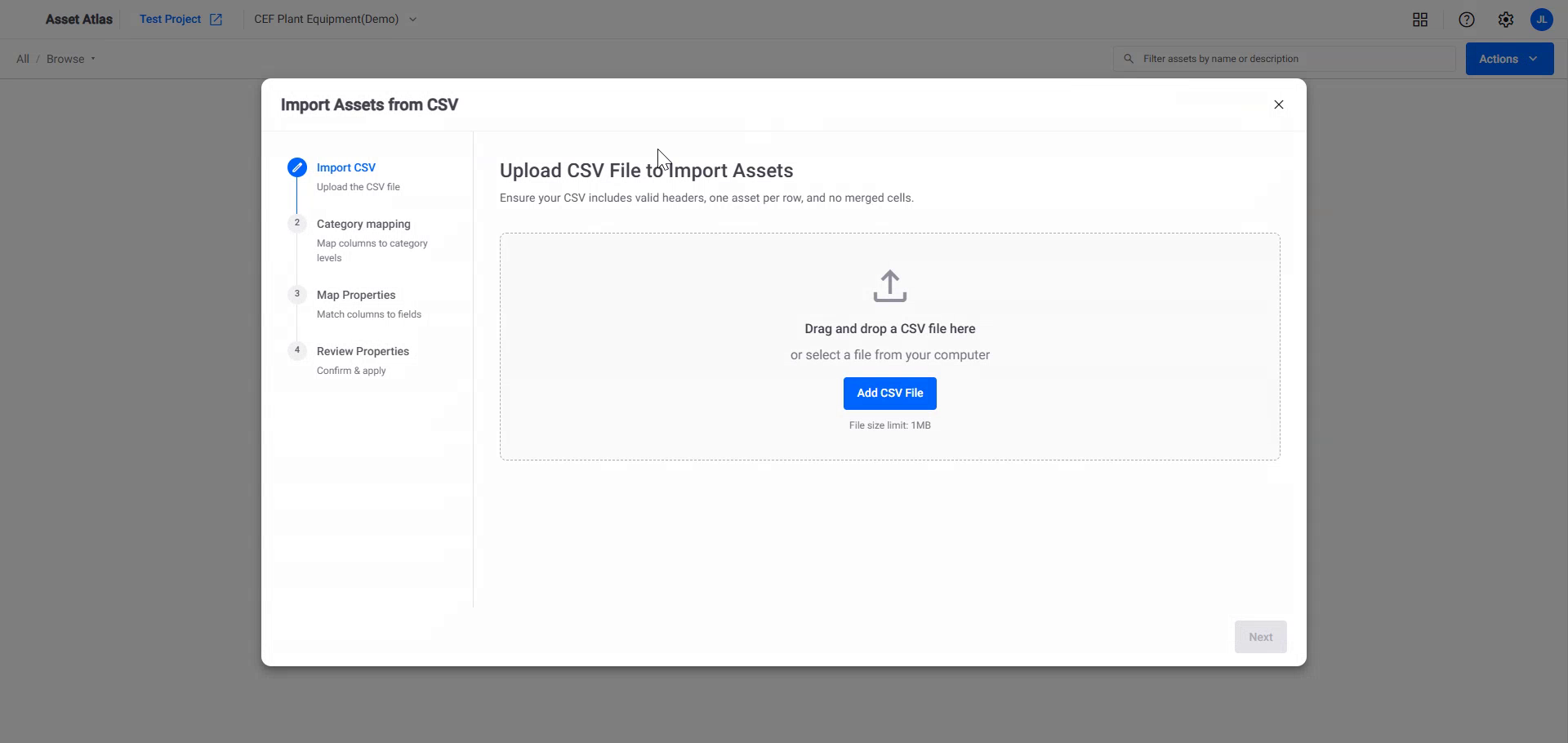Import Assets from CSV wizard on step one, Upload CSV File to Import Assets, with the drag and drop area