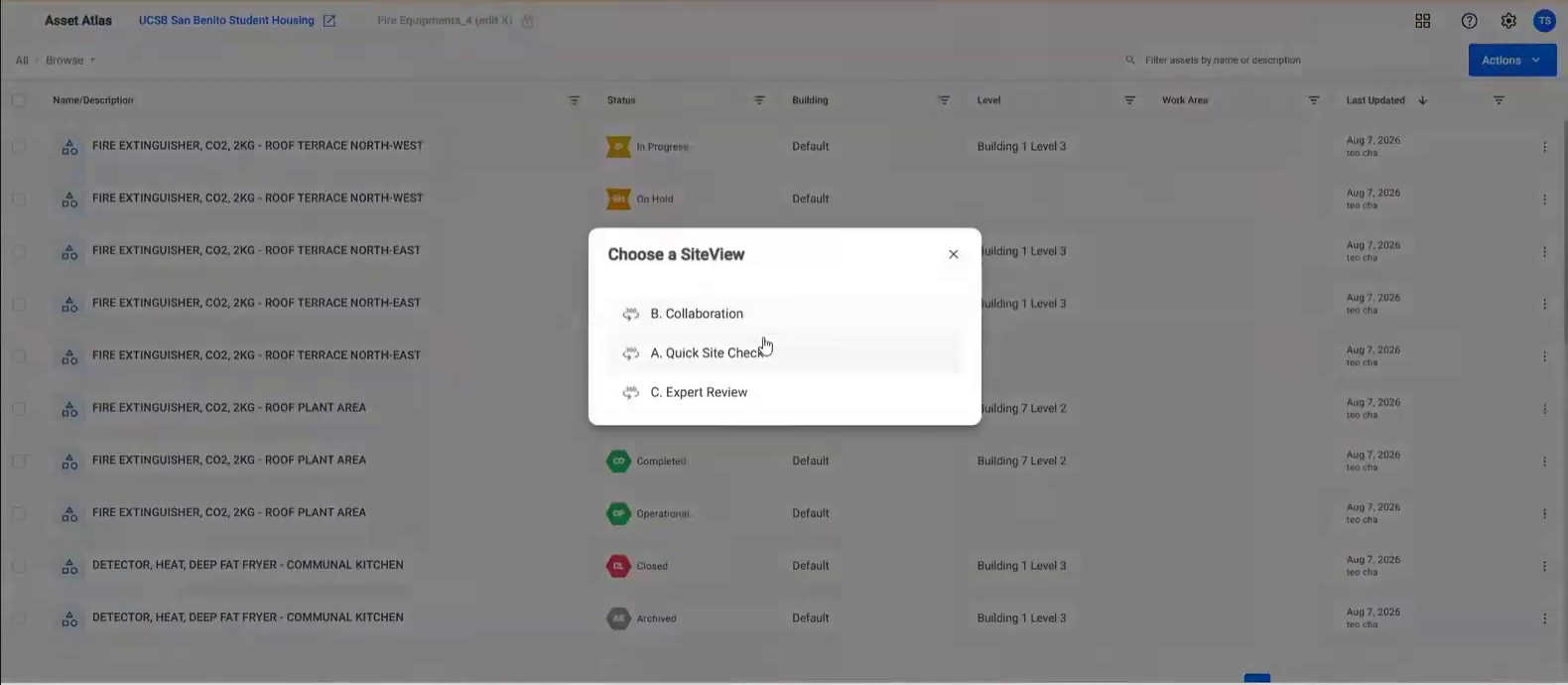 Choose a SiteView dialog listing the project SiteViews over the asset table