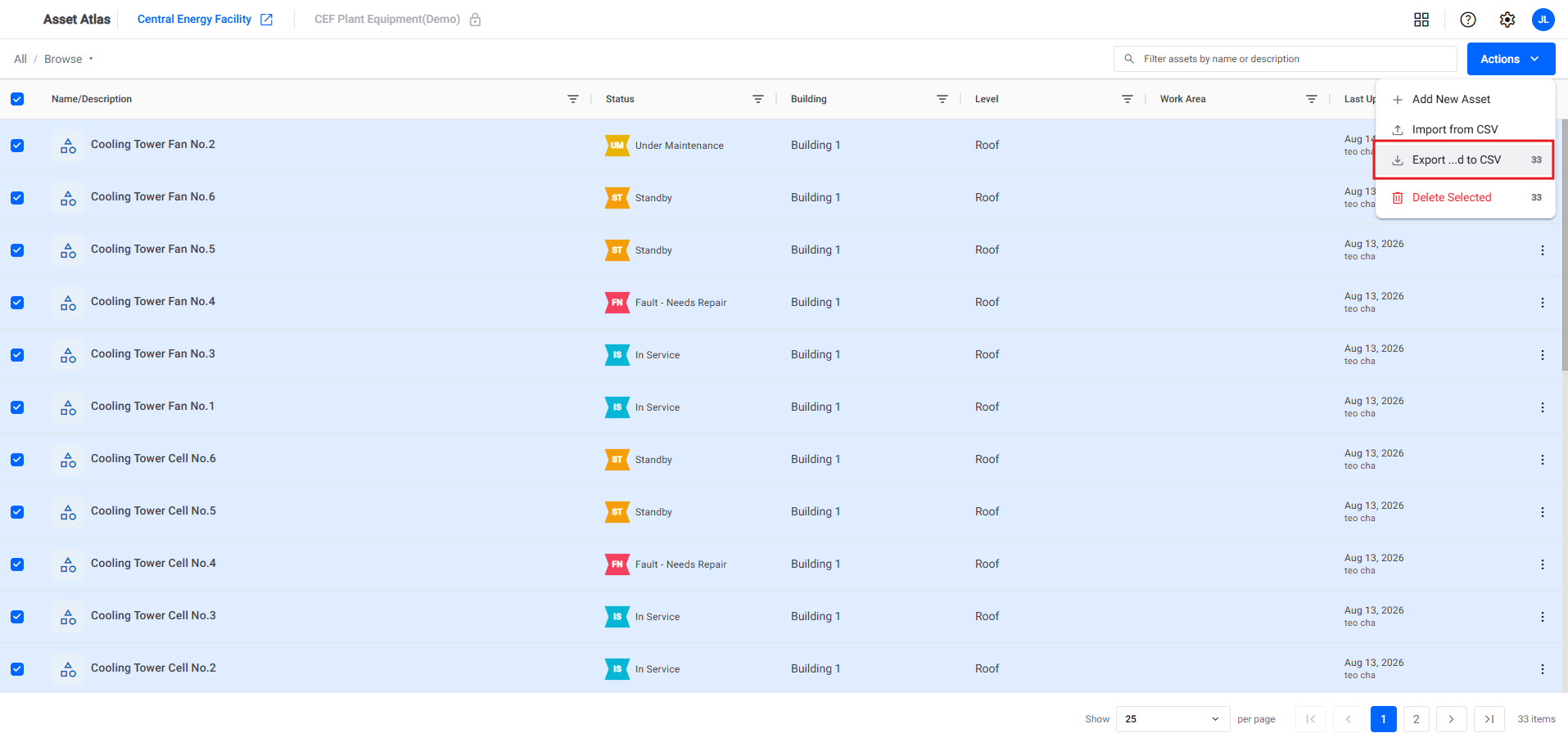 Export Selected to CSV in progress, with the selected asset rows and the export action in the Actions menu