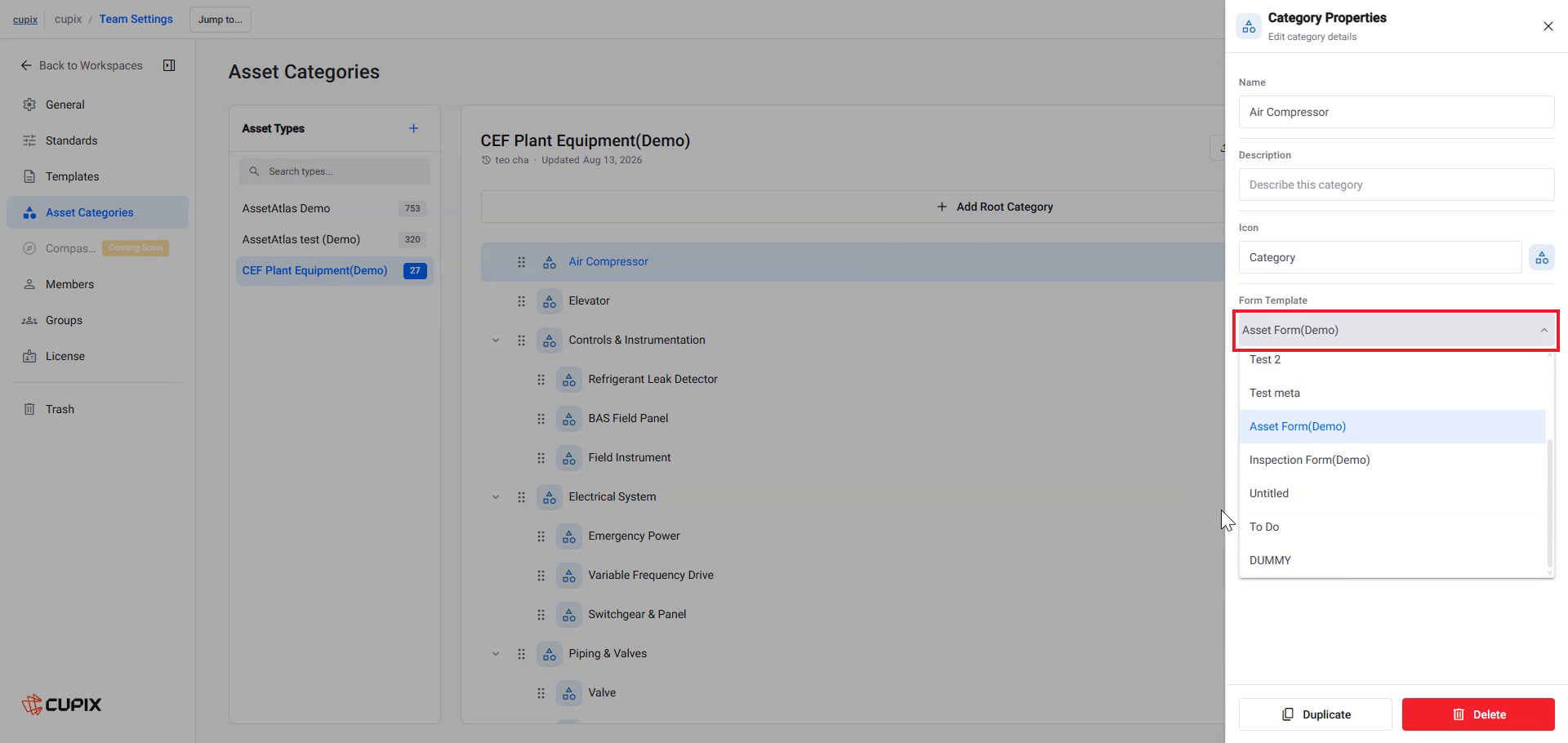 Team Settings Asset Categories with the Asset Types list, a category tree, and the Form Template field boxed in red on the Category Properties panel
