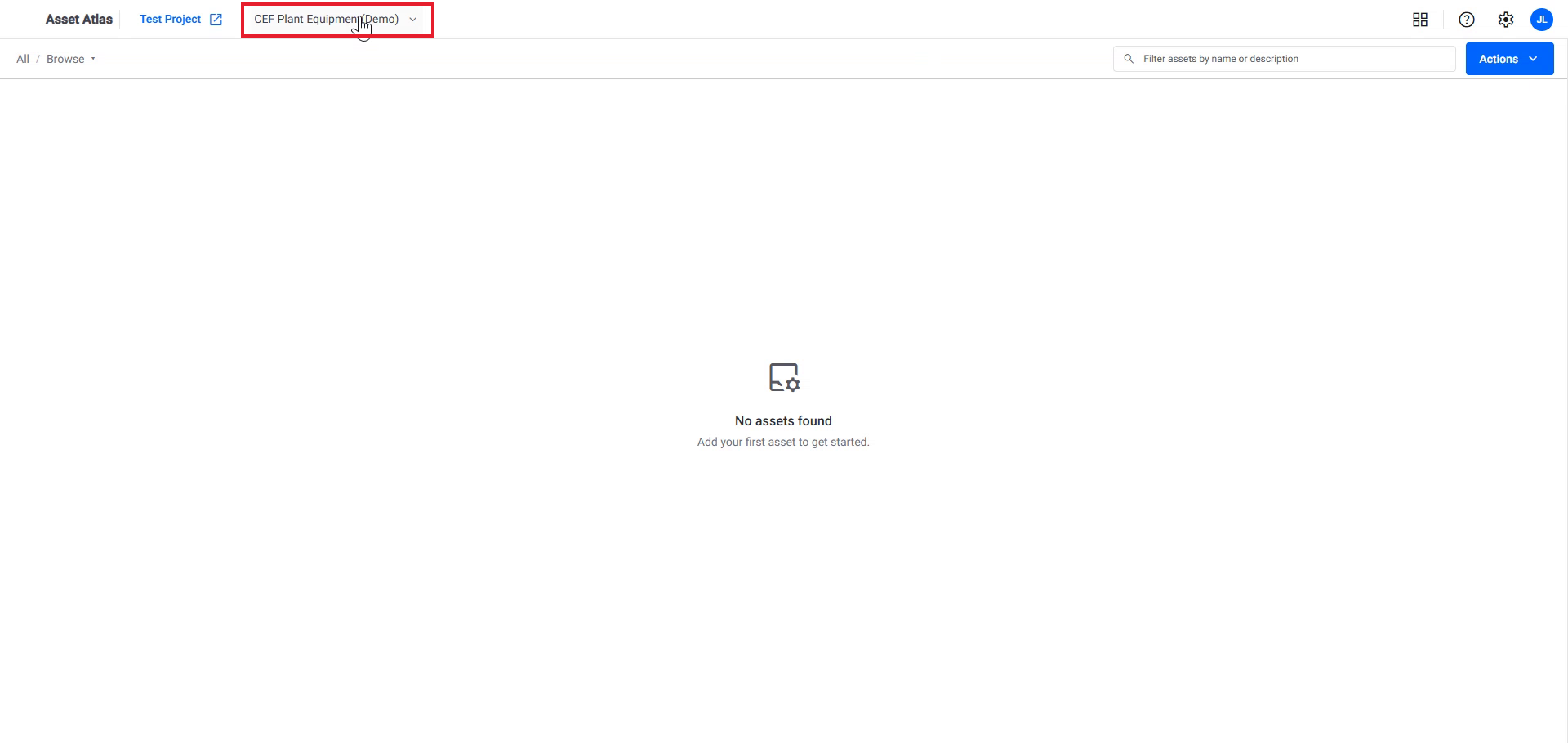 Empty AssetAtlas on a new project, with the asset category type selector unlocked in the header and a no assets found message