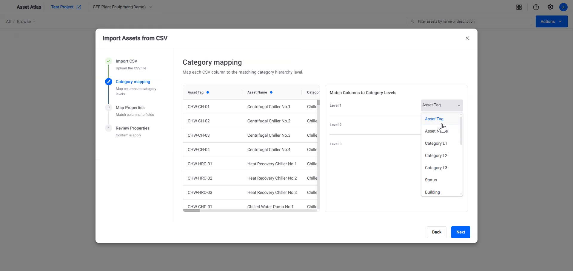 CSV import step two, Category mapping, matching CSV columns to the levels of the asset category hierarchy