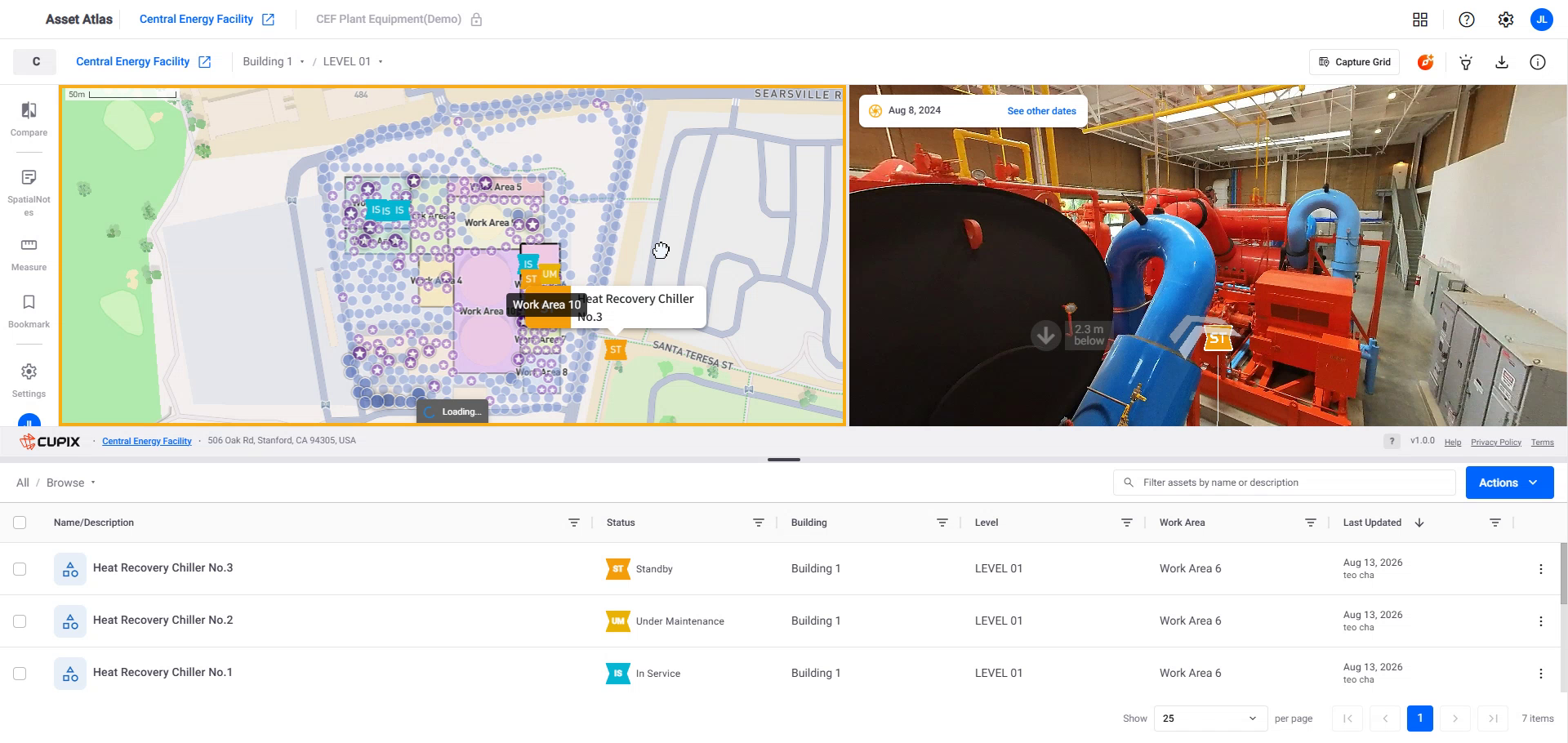 AssetAtlas in the 3D plus 2D plus Table layout with the floor plan on the left, the 360 capture on the right, and the asset table below