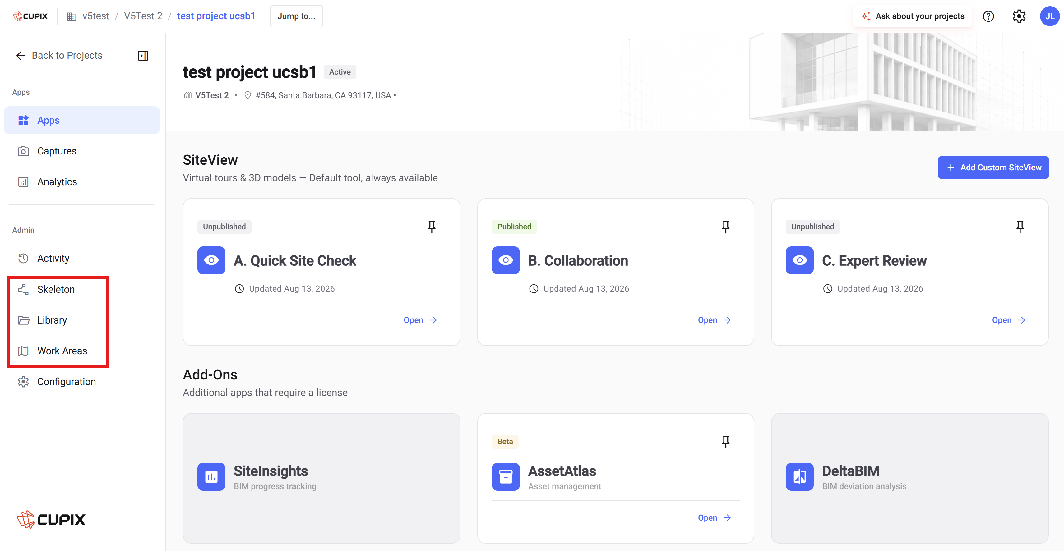 Project Apps page with Skeleton, Library, and Work Areas highlighted in the Admin section of the sidebar