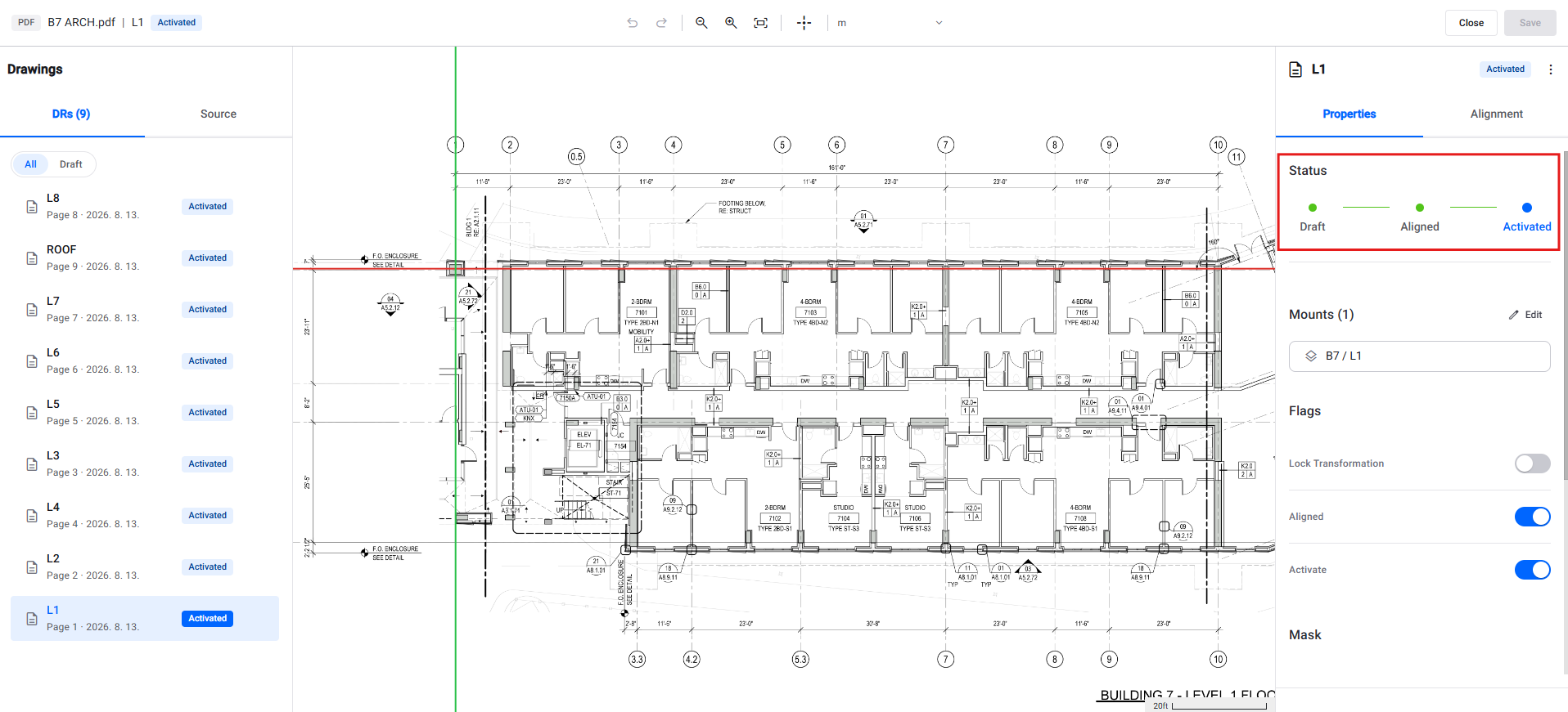 Drawing editor Properties tab with the Draft, Aligned, Activated status rail, a Mounts section, and the flag toggles