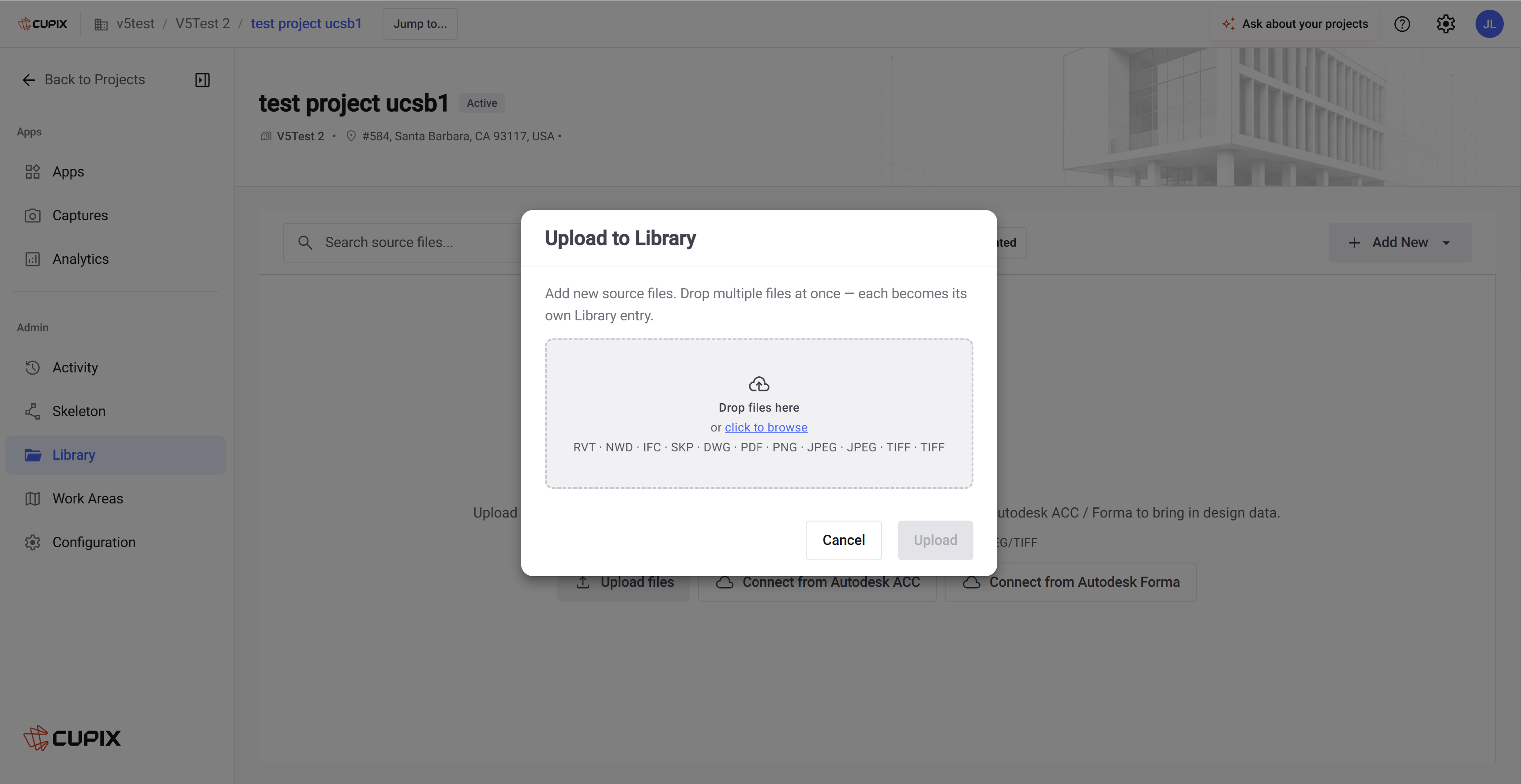 Upload to Library dialog listing the supported formats, with the Autodesk ACC and Forma connect options behind it