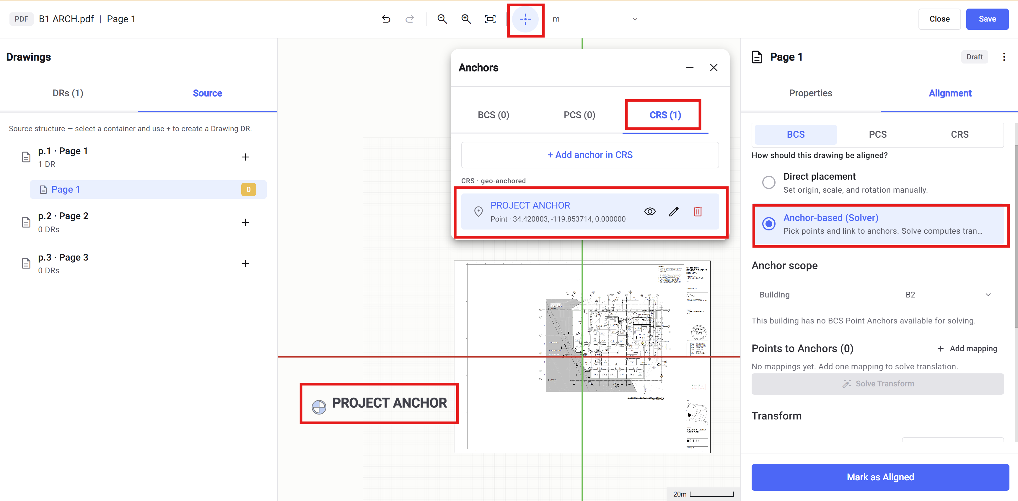 Anchors panel open on the CRS tab showing the project anchor, with anchor-based alignment selected in the right panel