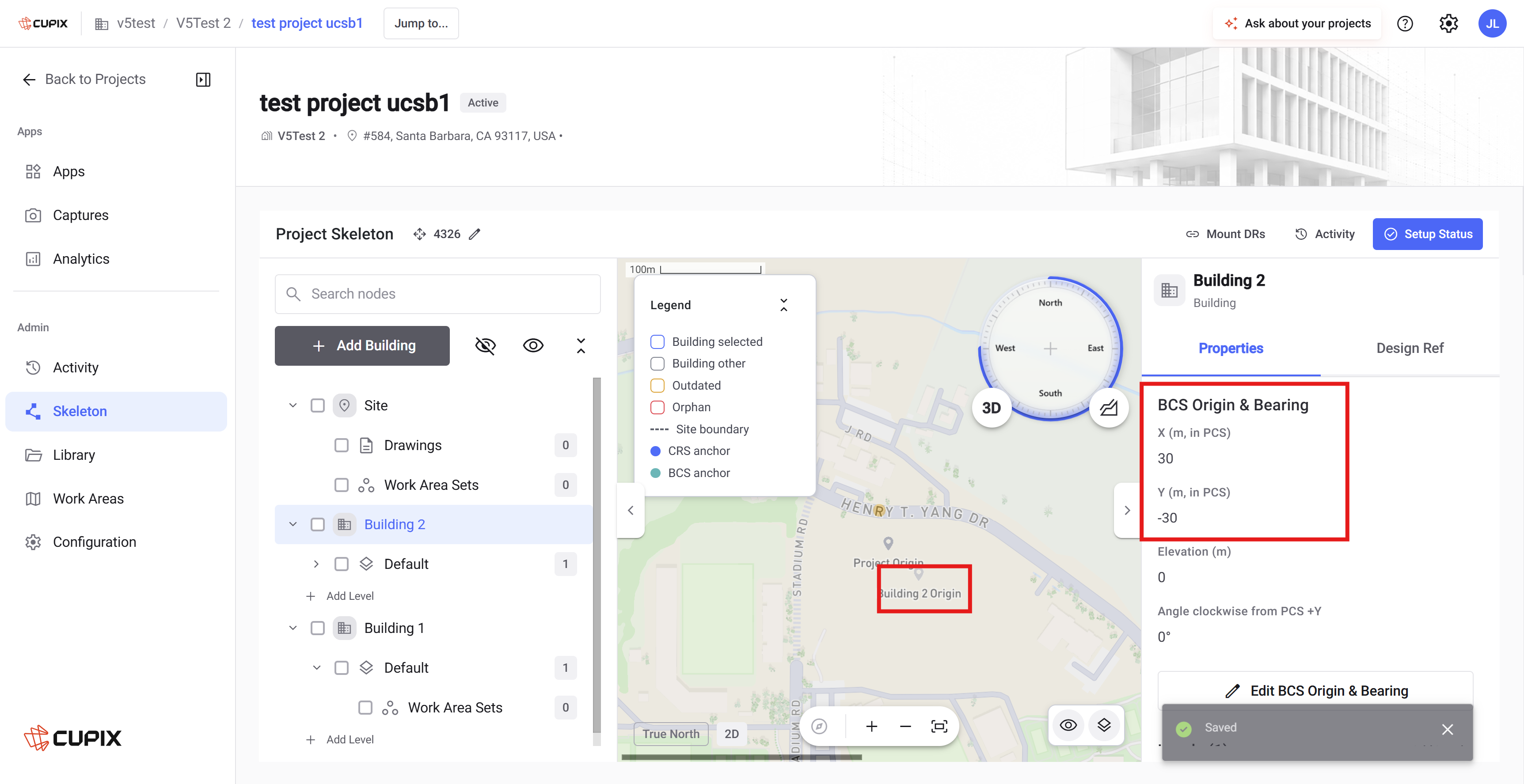 The same building after setting X to 30 and Y to -30, with its origin pin moved on the map