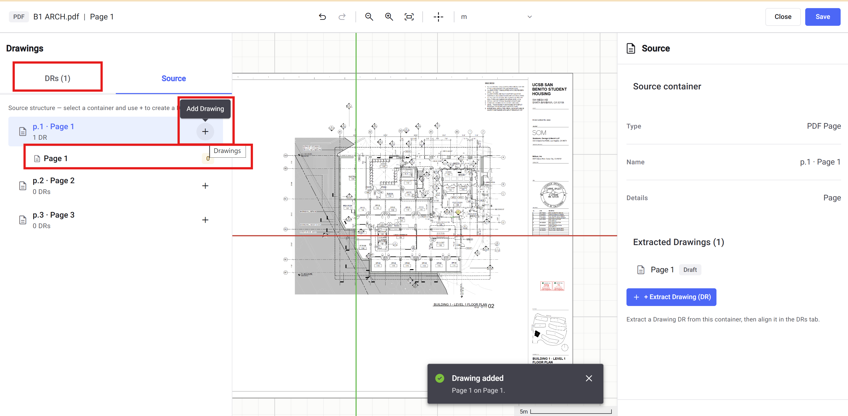 Editor Source tab with a PDF page selected and the Extract Drawing button in the panel