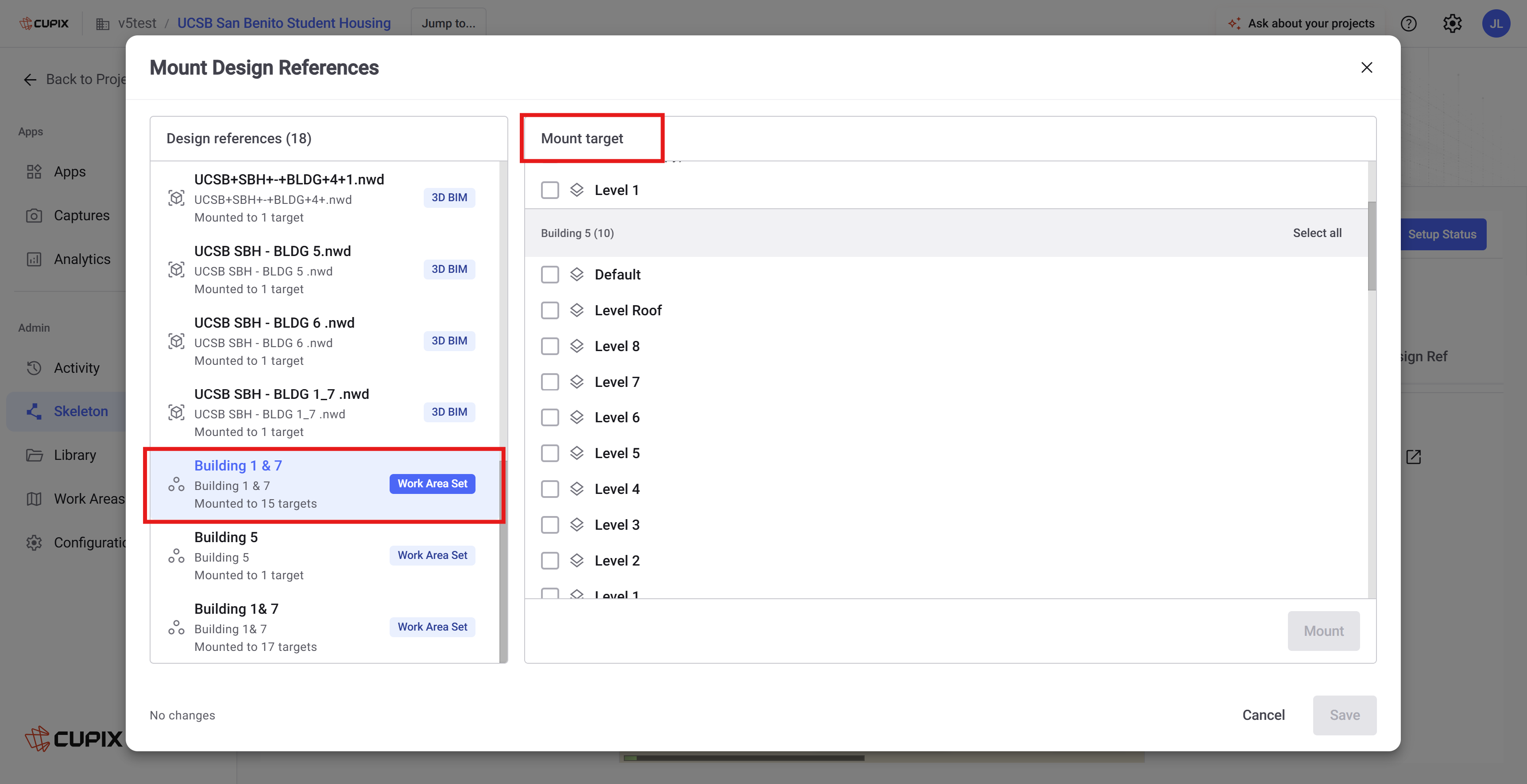 Mount Design References dialog with the reference list on the left and levels grouped by building on the right