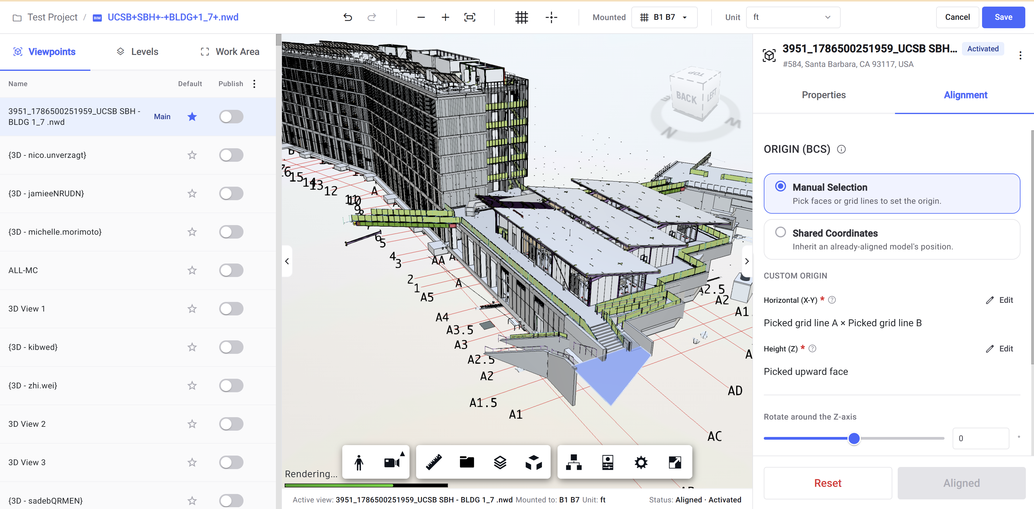 3D BIM Editor with the Viewpoints list, the model in the viewer, and the ORIGIN (BCS) options