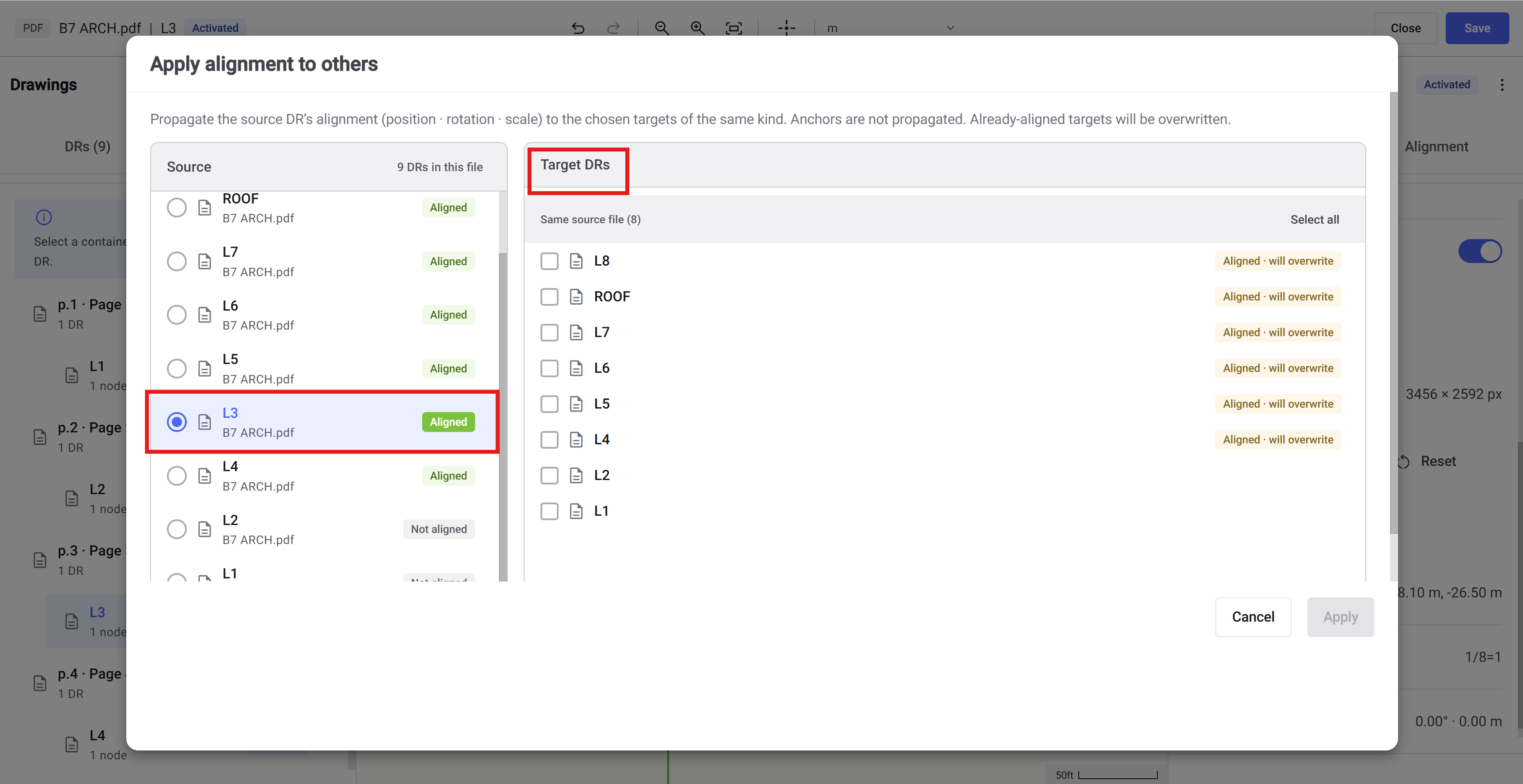 Apply alignment to others dialog with L3 chosen as the source and eight target drawings from the same file listed