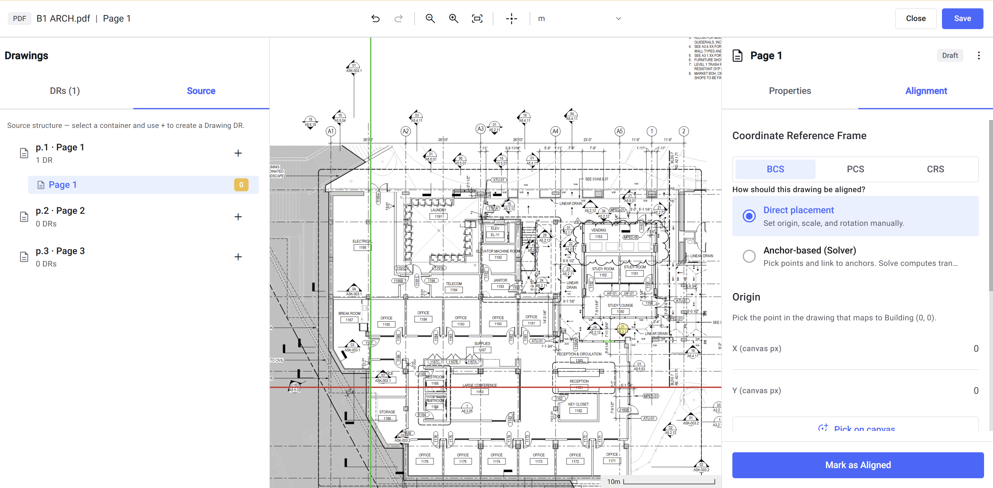 Design File Editor with a PDF plan, the Coordinate Reference Frame selector, and the two alignment options