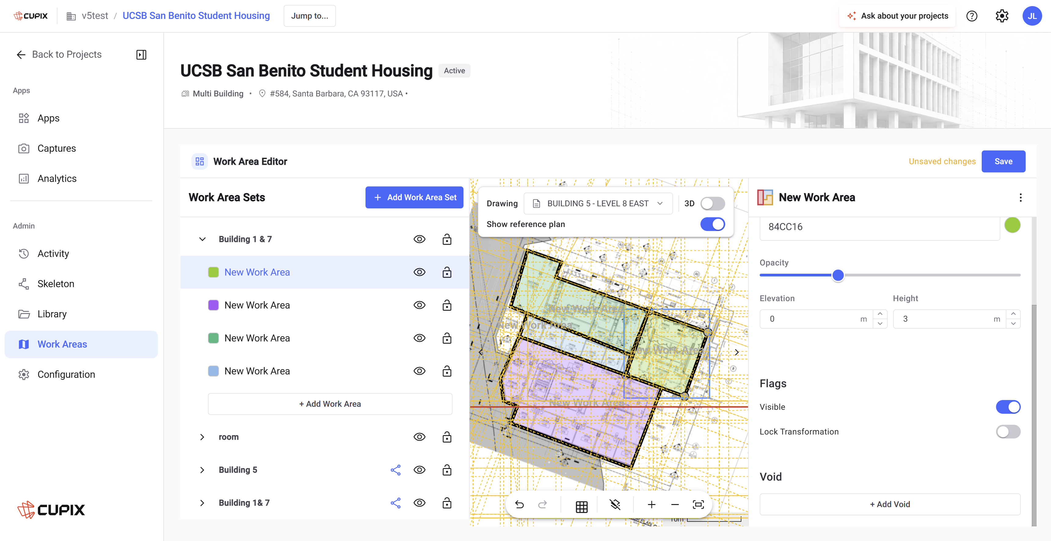 Work Area Editor with a Set expanded to four areas, coloured zones on the reference plan, and the area properties panel