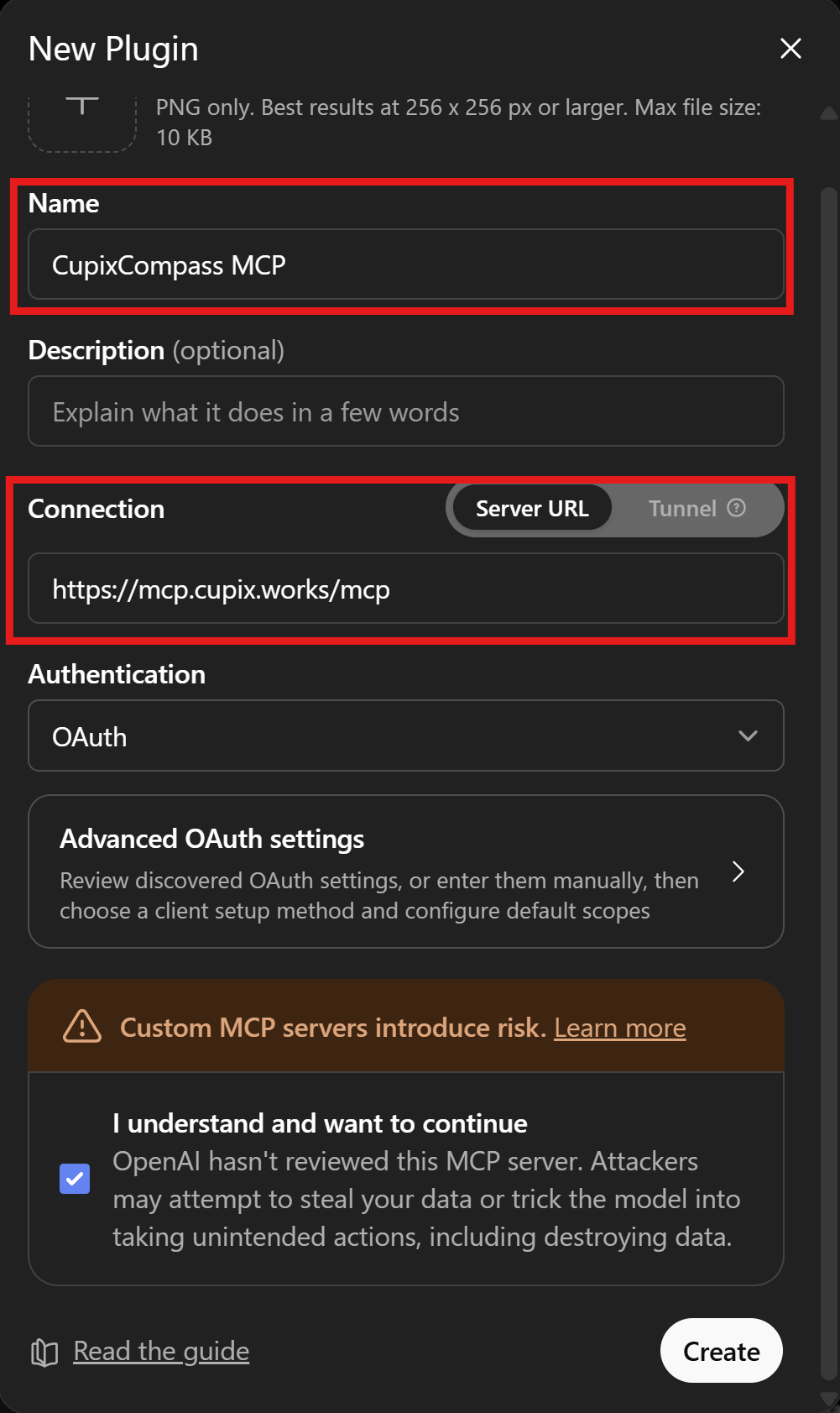 New Plugin dialog with the plugin Name and the Server URL connection field outlined in red