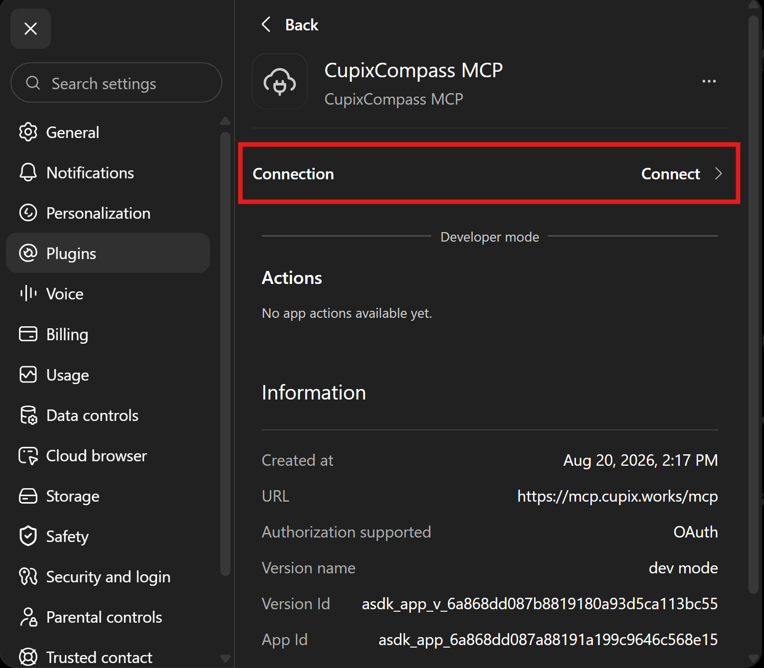 CupixCompass MCP plugin page with the Connection row and its Connect action outlined in red