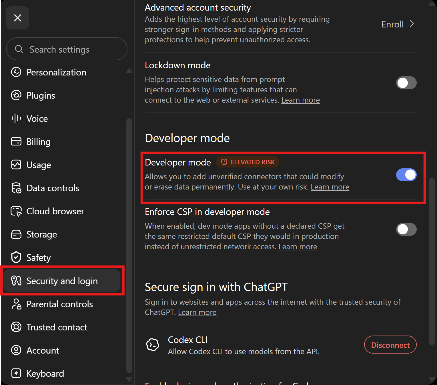 ChatGPT Security and login settings with the Developer mode toggle turned on and outlined in red